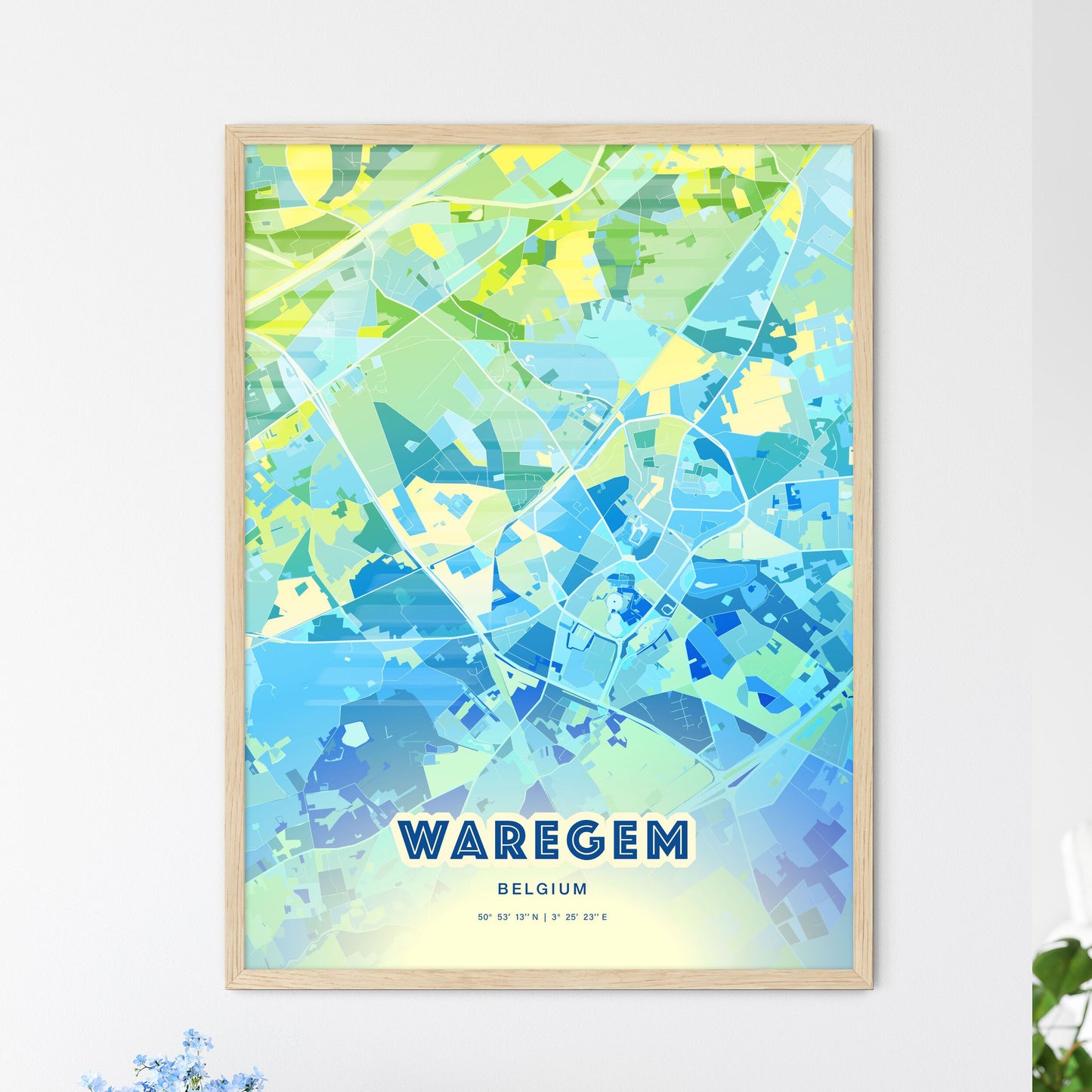 Colorful WAREGEM BELGIUM Fine Art Map Cool Blue