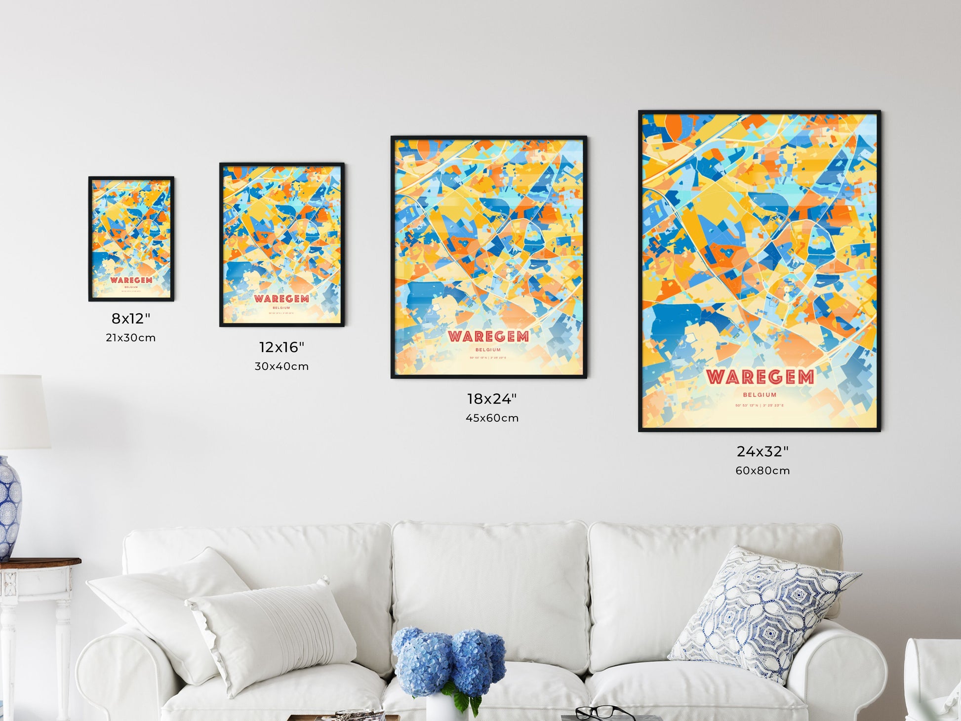 Colorful WAREGEM BELGIUM Fine Art Map Blue Orange