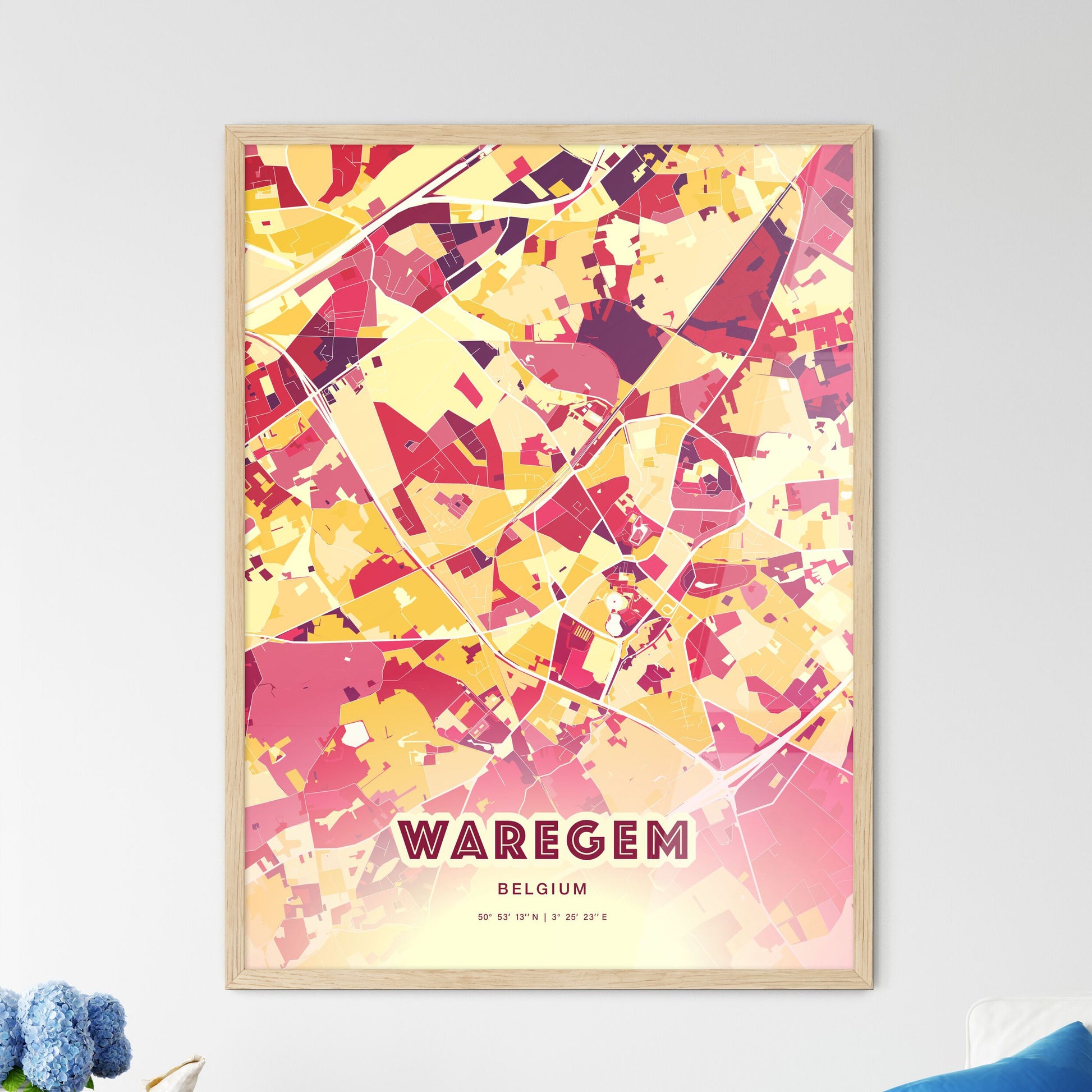 Colorful WAREGEM BELGIUM Fine Art Map Hot Red