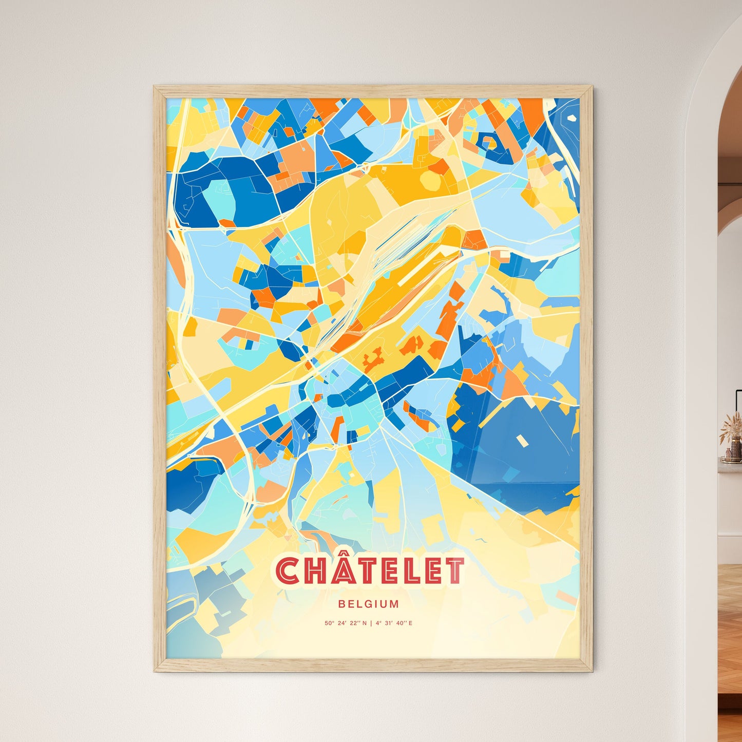 Colorful CHÂTELET BELGIUM Fine Art Map Blue Orange