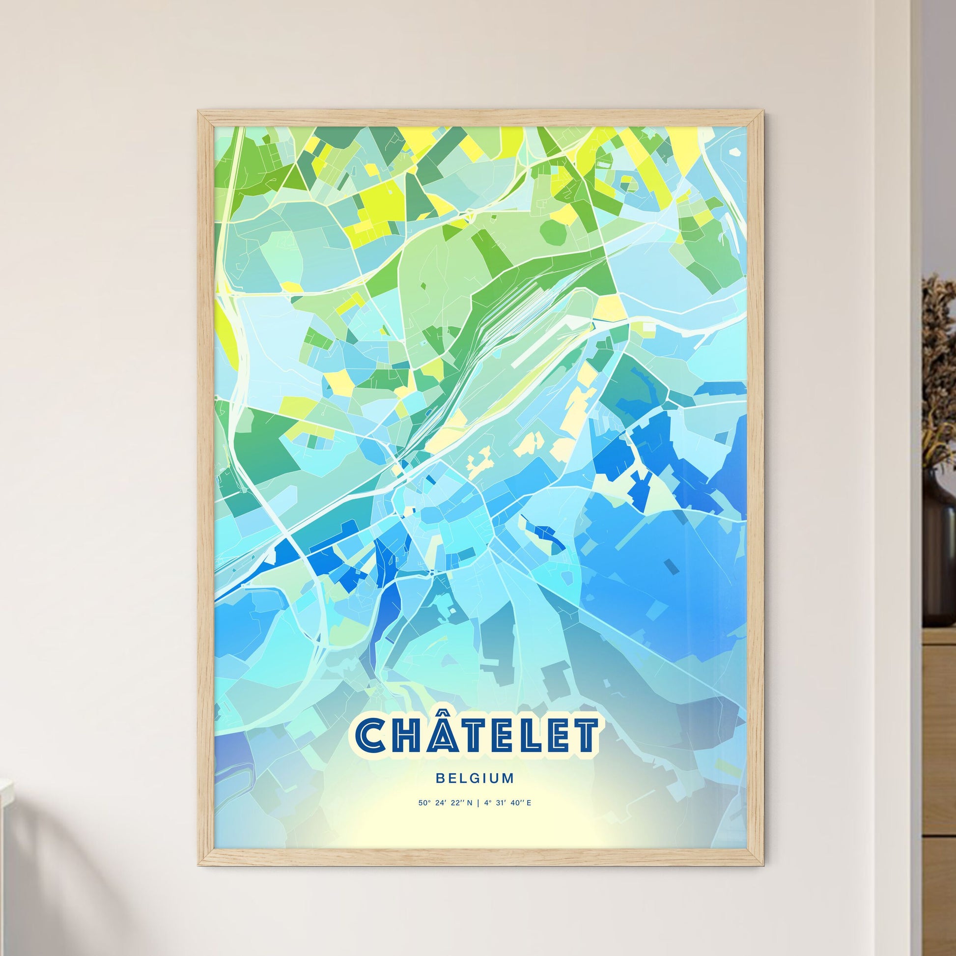 Colorful CHÂTELET BELGIUM Fine Art Map Cool Blue