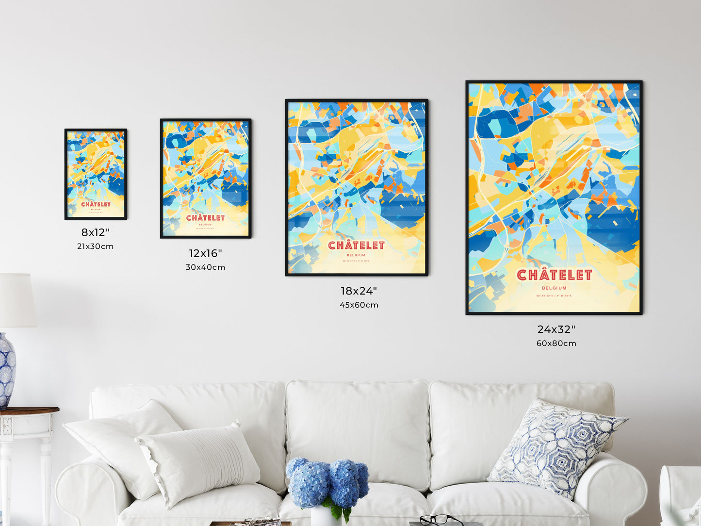 Colorful CHÂTELET BELGIUM Fine Art Map Blue Orange