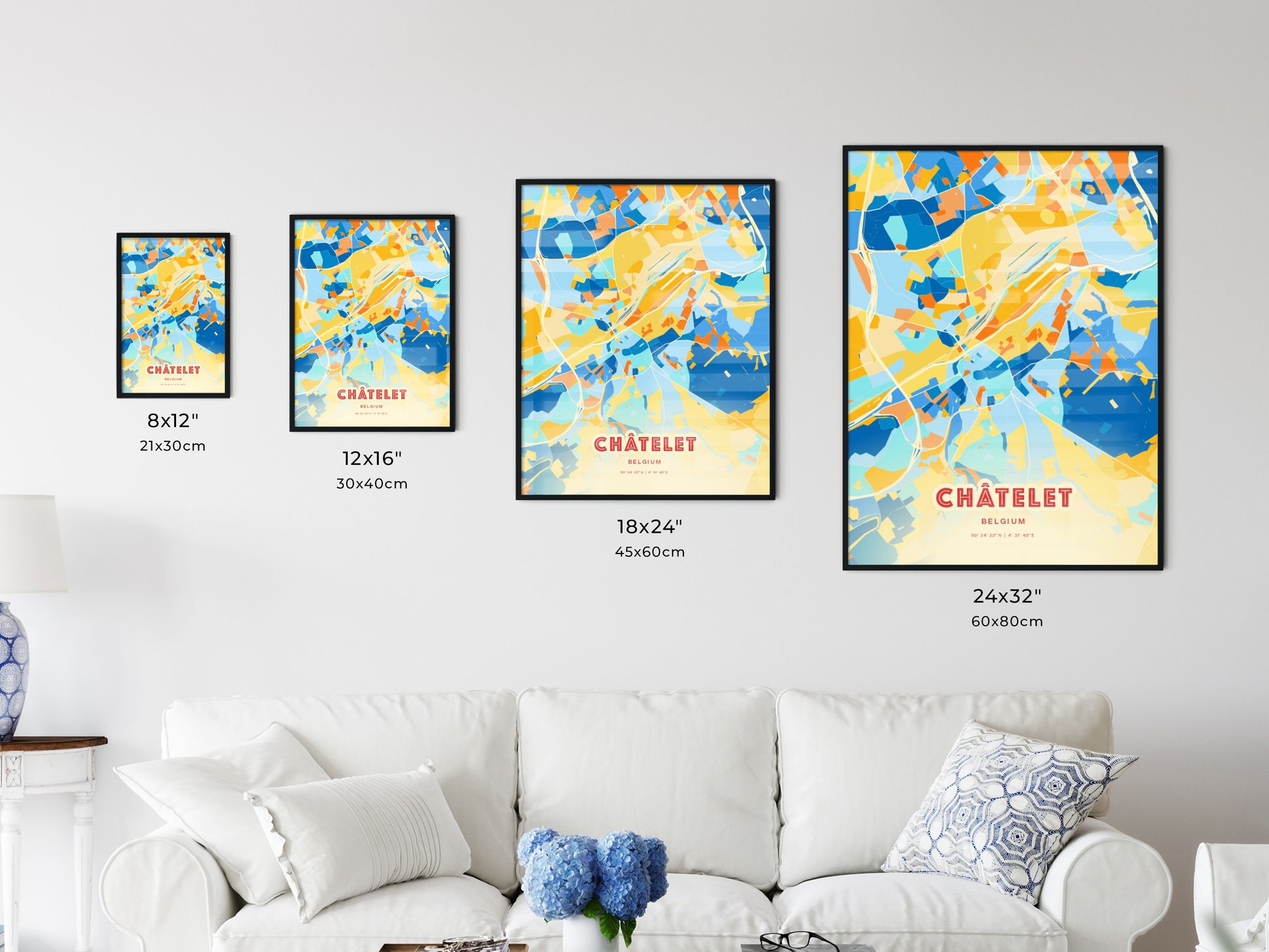 Colorful CHÂTELET BELGIUM Fine Art Map Blue Orange