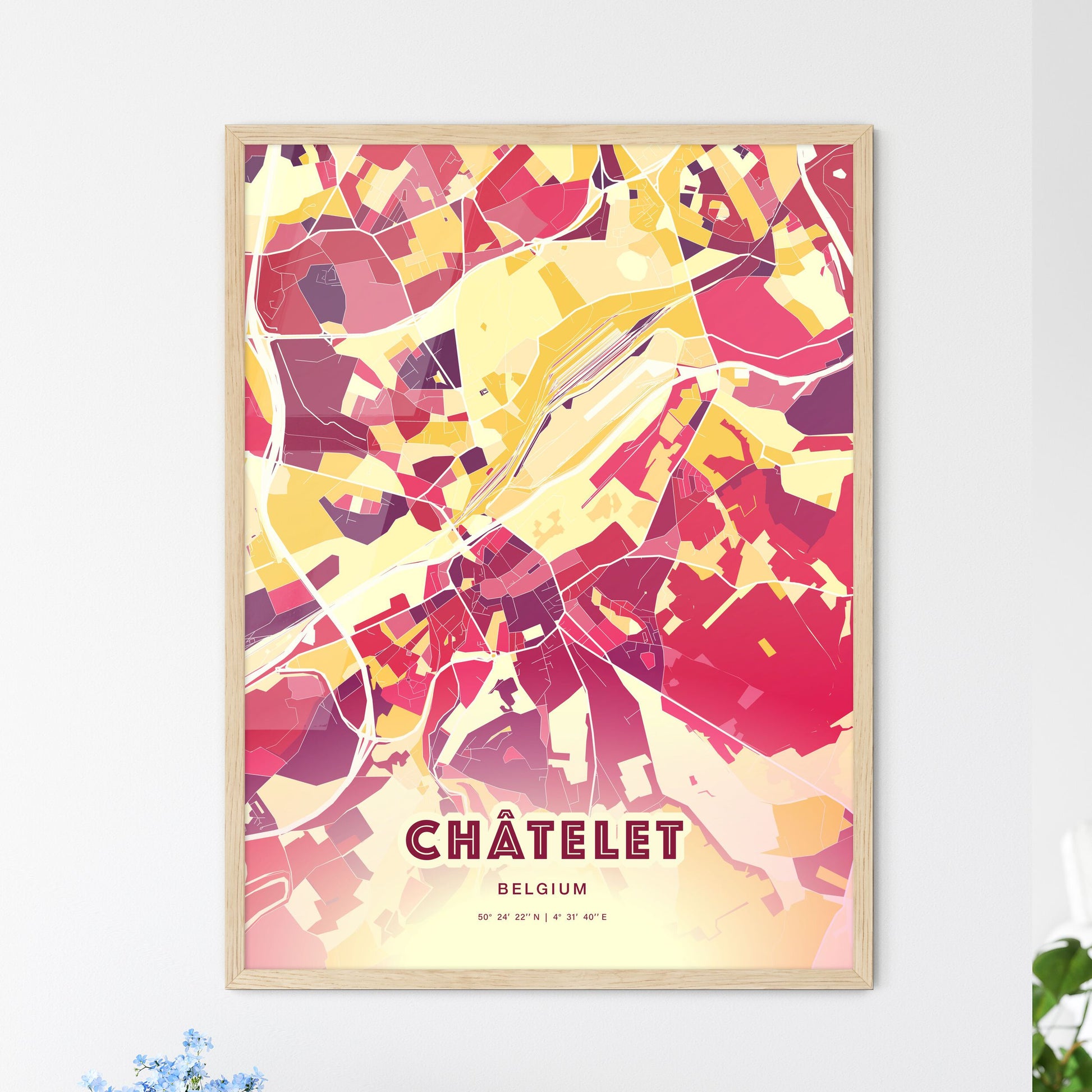 Colorful CHÂTELET BELGIUM Fine Art Map Hot Red