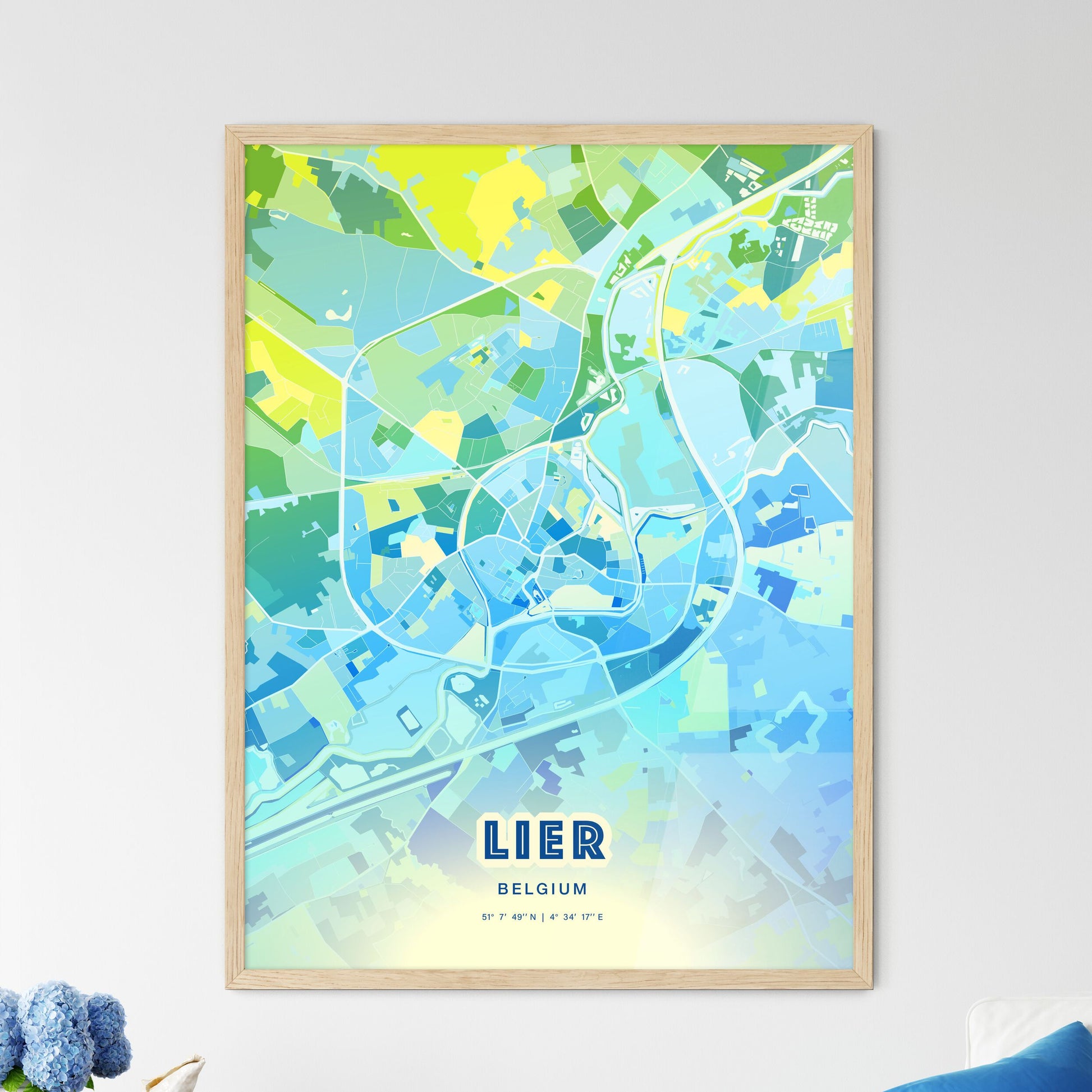 Colorful LIER BELGIUM Fine Art Map Cool Blue