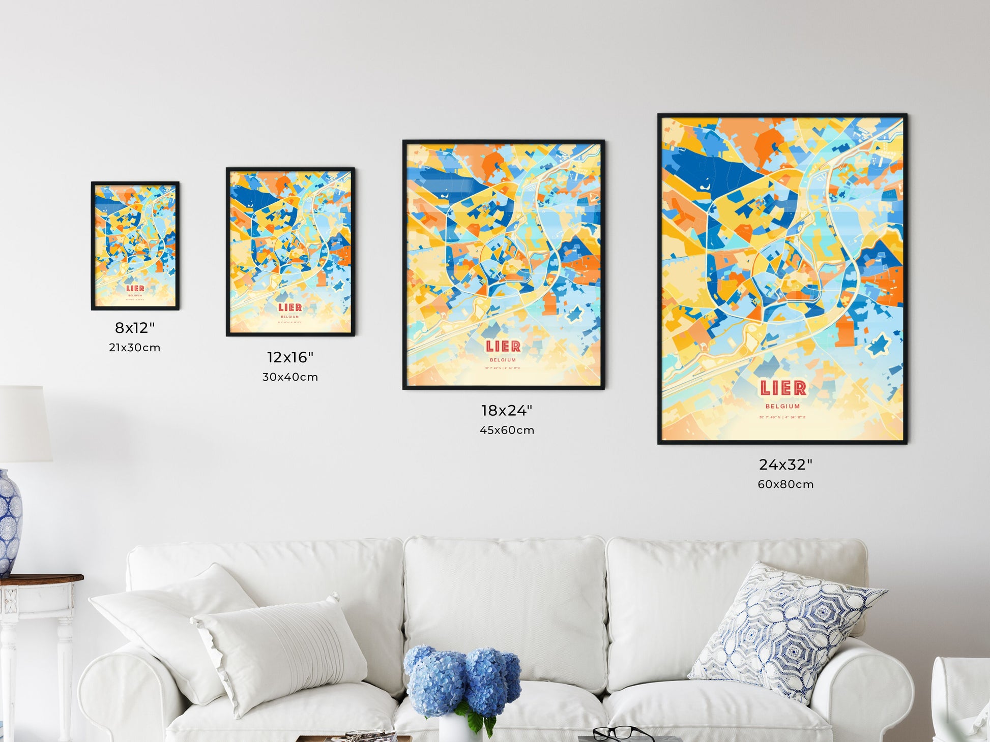 Colorful LIER BELGIUM Fine Art Map Blue Orange