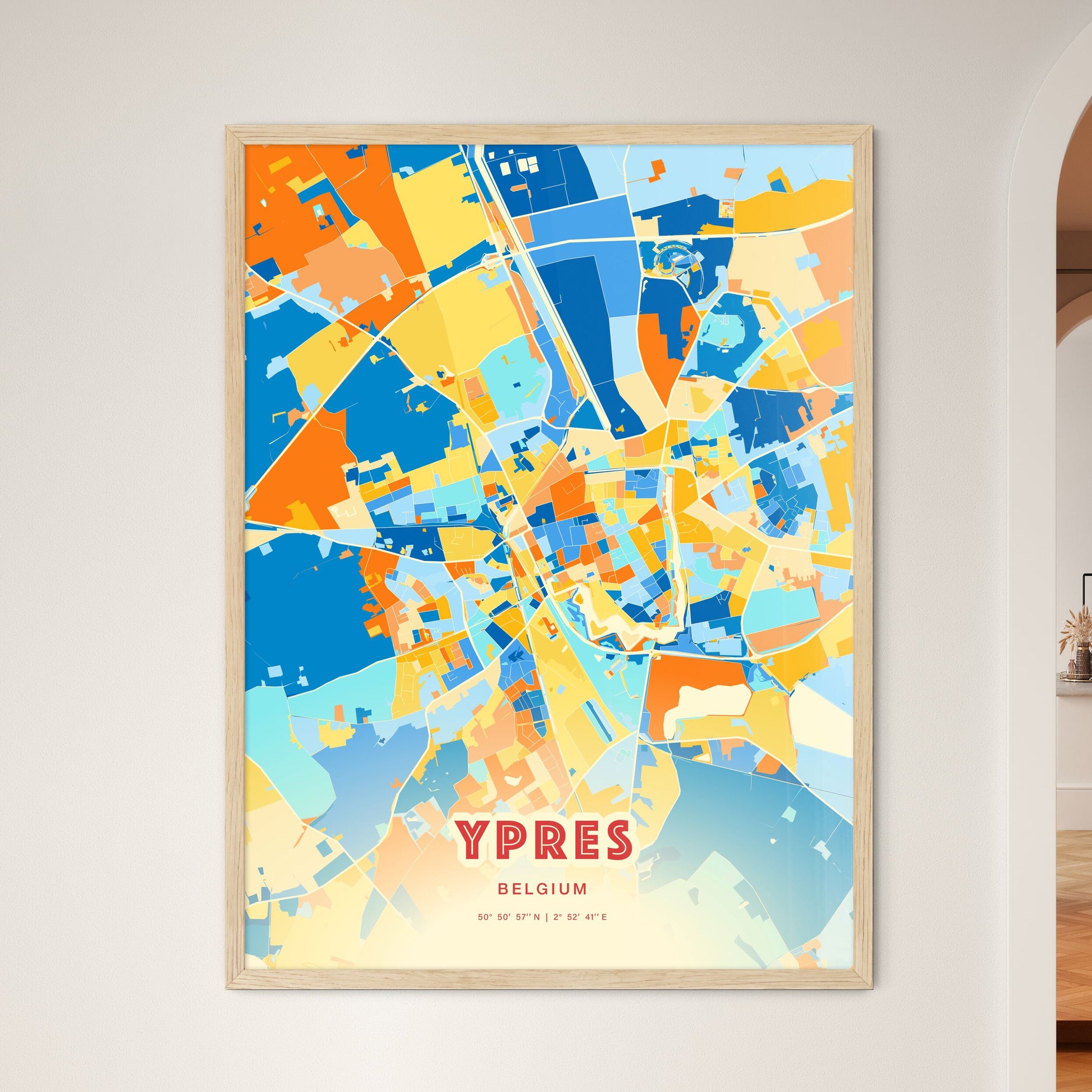 Colorful YPRES BELGIUM Fine Art Map Blue Orange