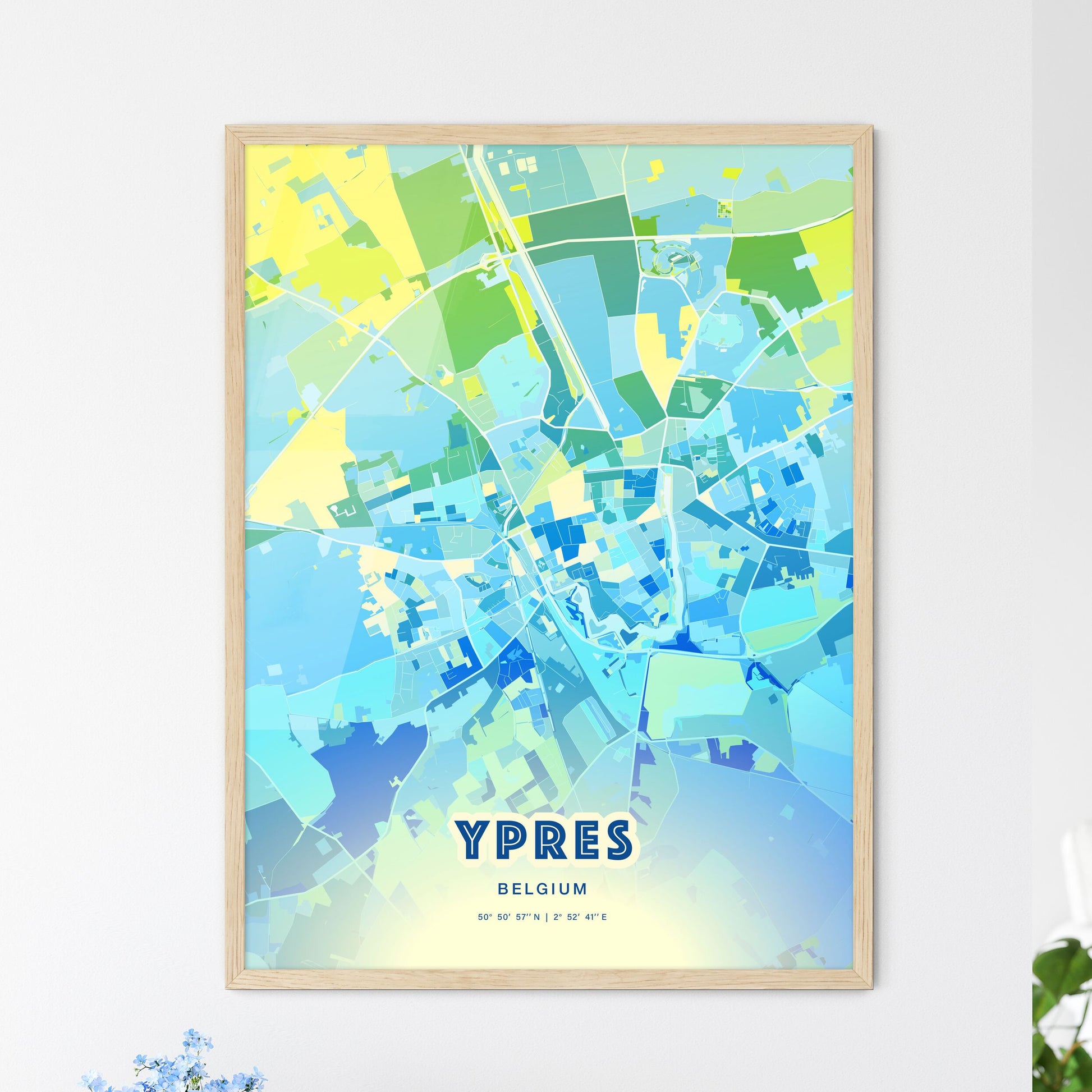 Colorful YPRES BELGIUM Fine Art Map Cool Blue