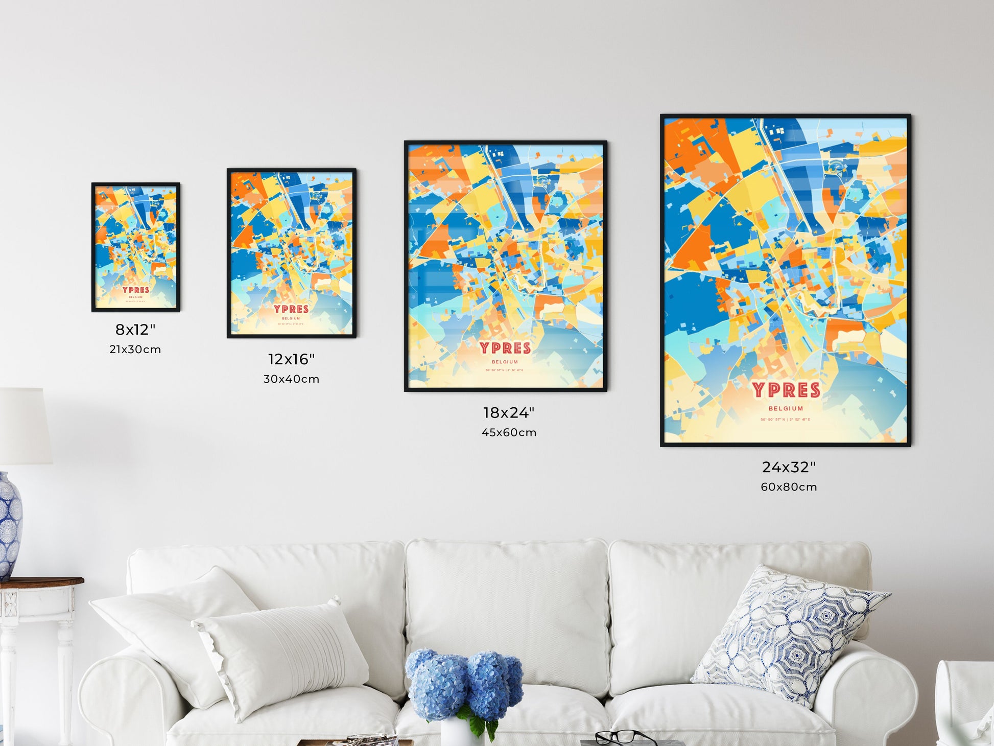 Colorful YPRES BELGIUM Fine Art Map Blue Orange