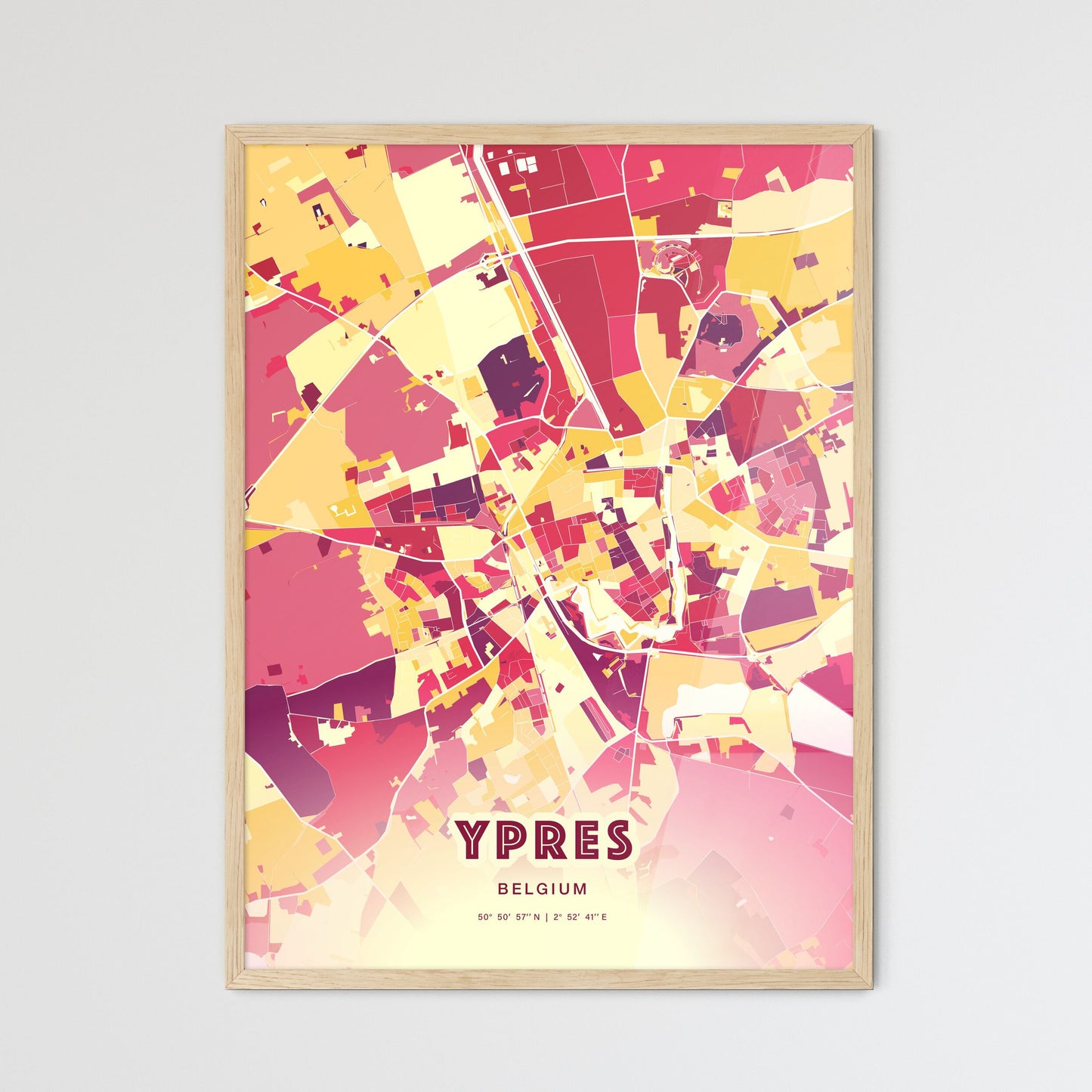 Colorful YPRES BELGIUM Fine Art Map Hot Red