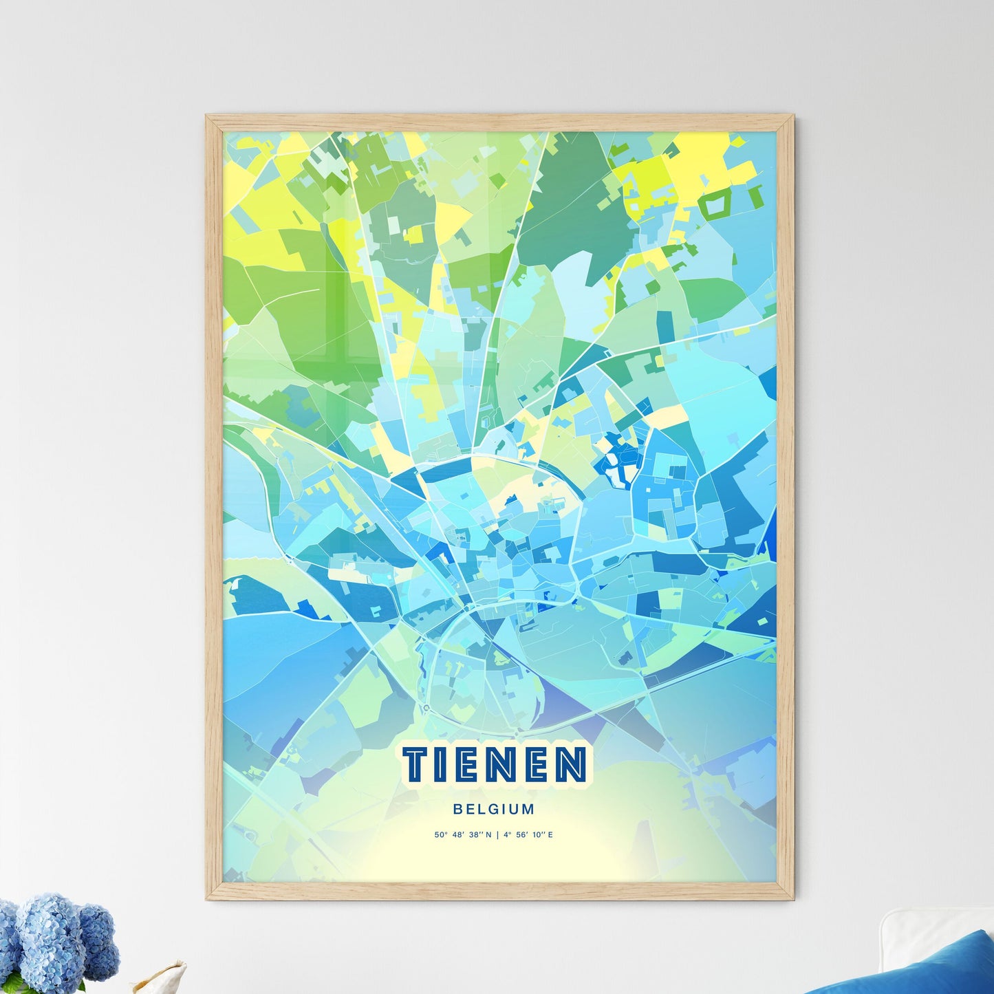 Colorful TIENEN BELGIUM Fine Art Map Cool Blue