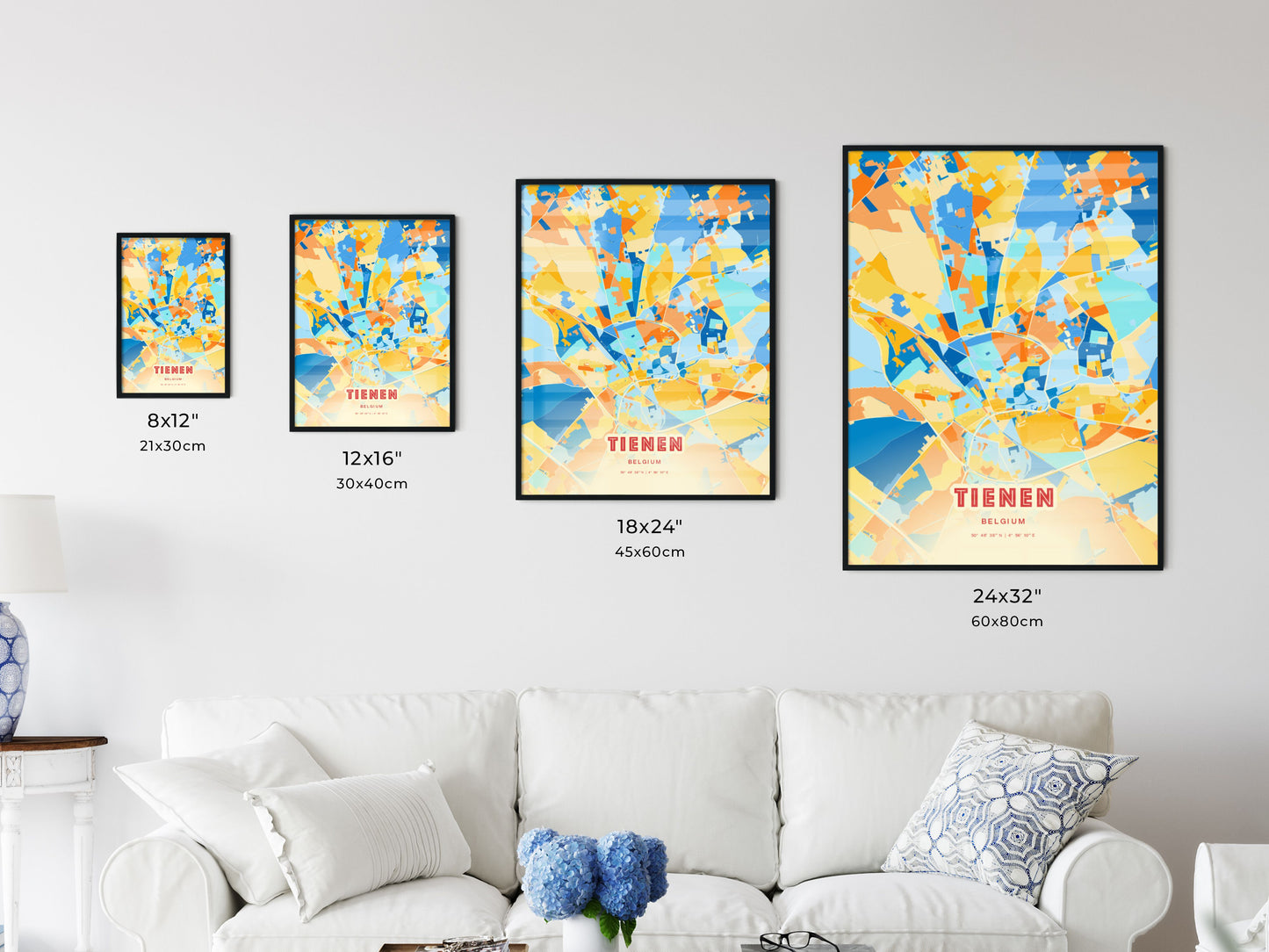 Colorful TIENEN BELGIUM Fine Art Map Blue Orange