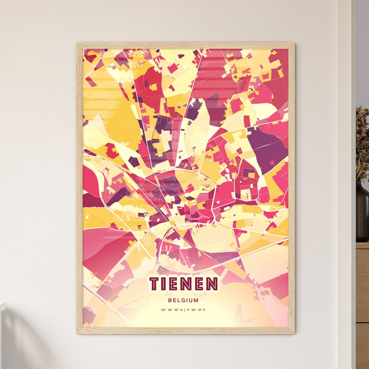 Colorful TIENEN BELGIUM Fine Art Map Hot Red