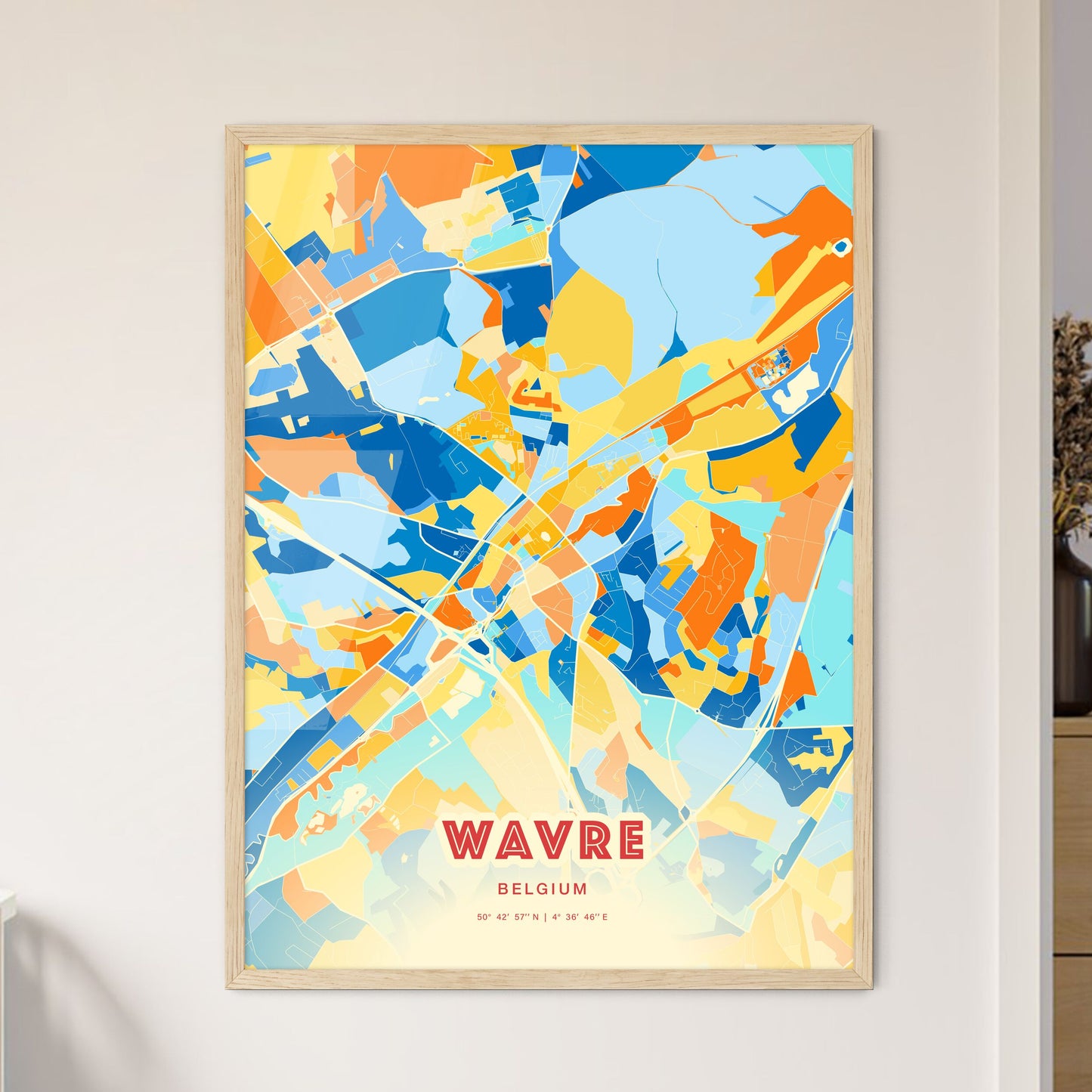 Colorful WAVRE BELGIUM Fine Art Map Blue Orange