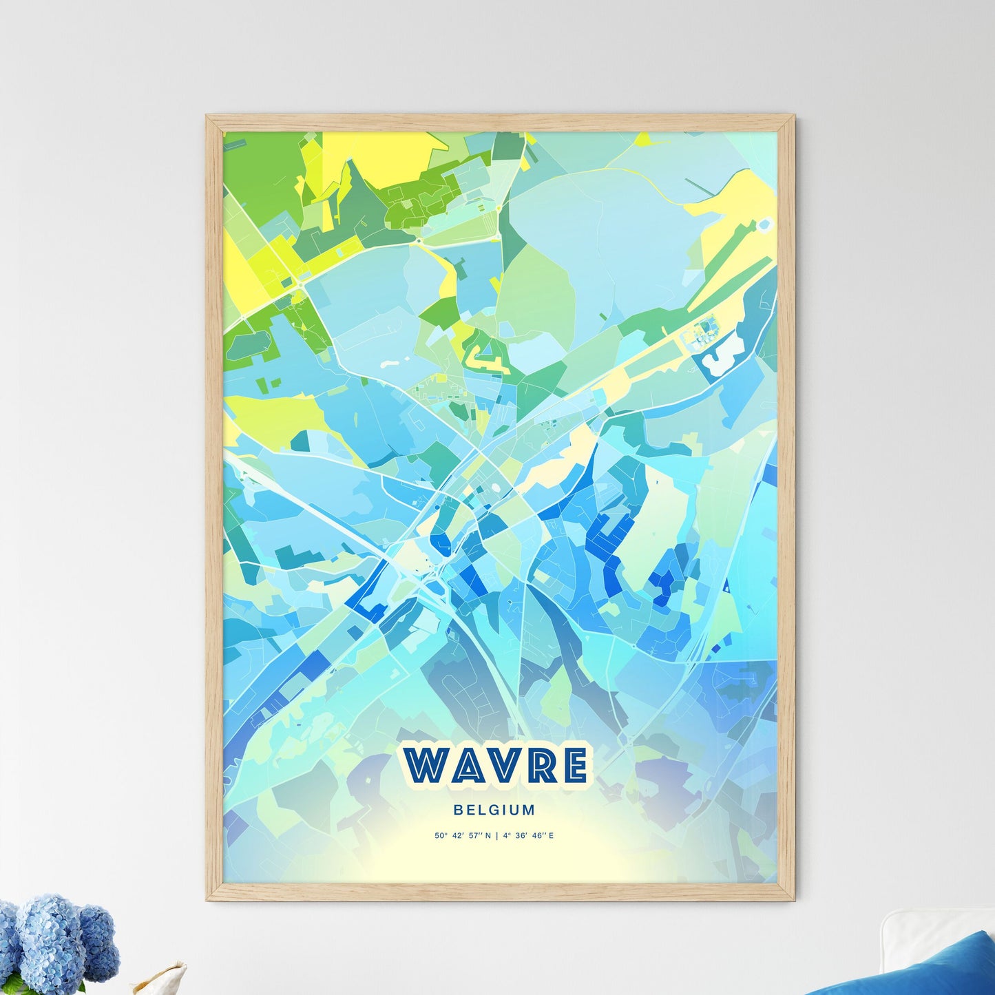 Colorful WAVRE BELGIUM Fine Art Map Cool Blue