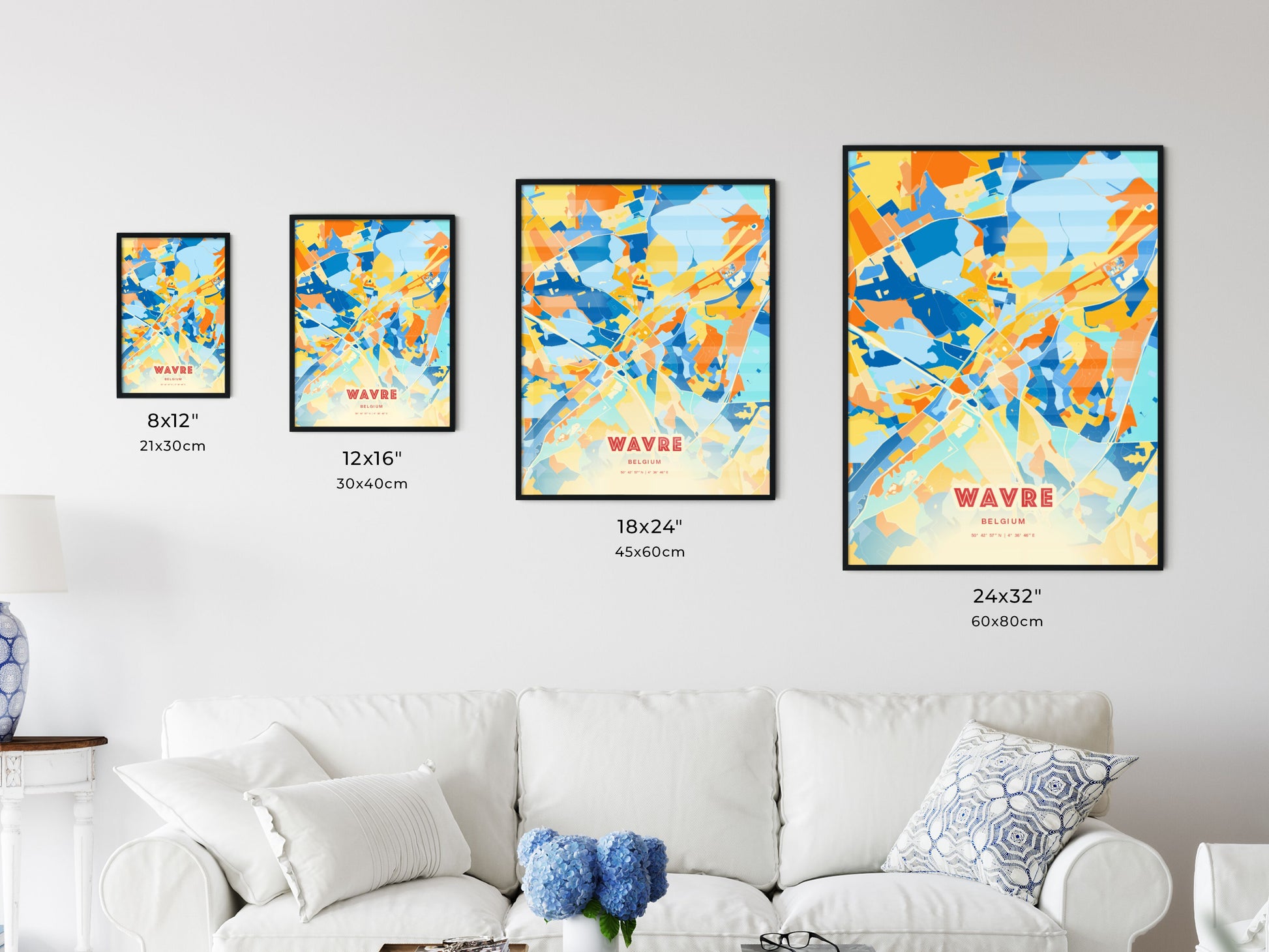 Colorful WAVRE BELGIUM Fine Art Map Blue Orange