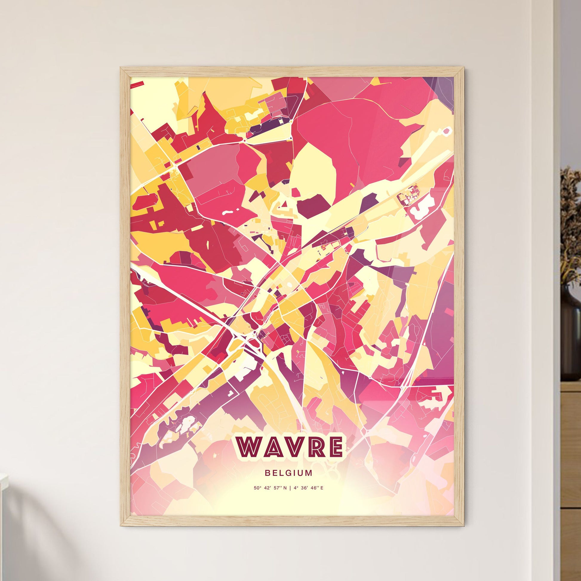 Colorful WAVRE BELGIUM Fine Art Map Hot Red