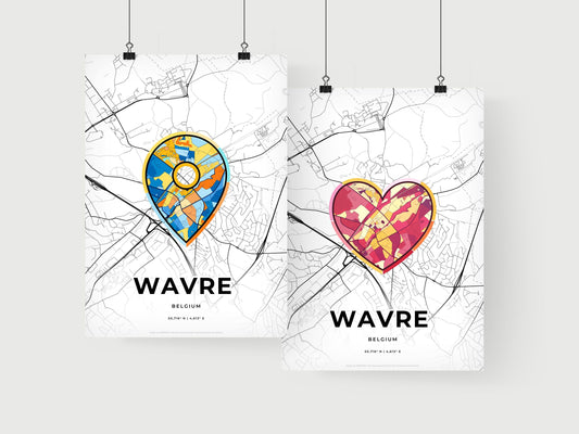WAVRE BELGIUM minimal art map with a colorful icon. Where it all began, Couple map gift.