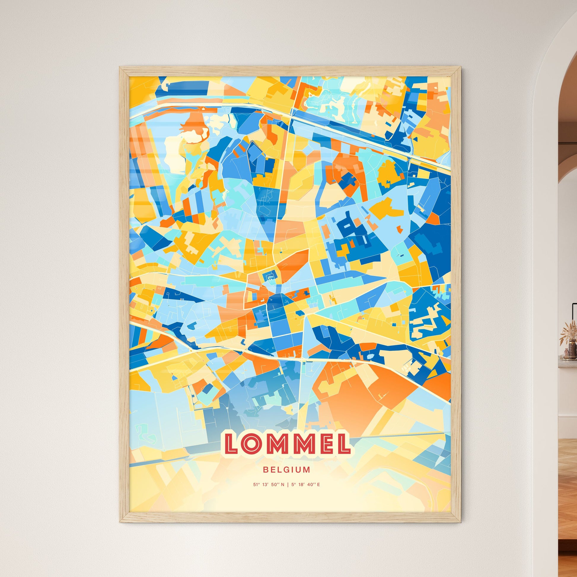 Colorful LOMMEL BELGIUM Fine Art Map Blue Orange