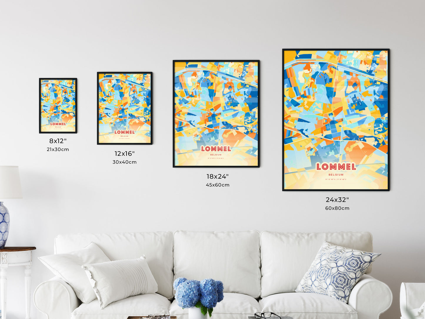 Colorful LOMMEL BELGIUM Fine Art Map Blue Orange