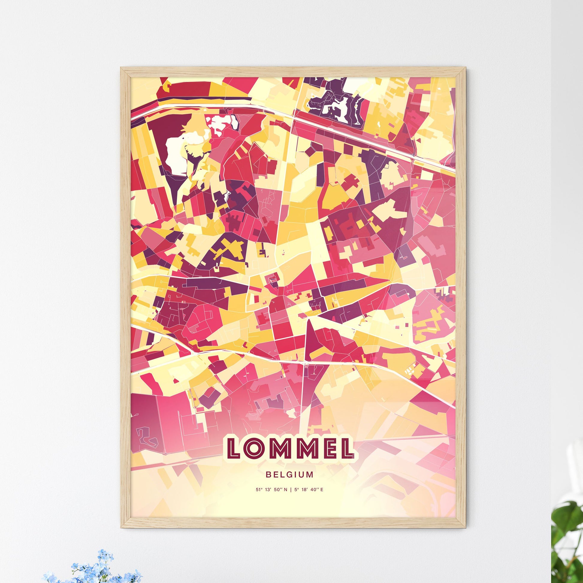 Colorful LOMMEL BELGIUM Fine Art Map Hot Red