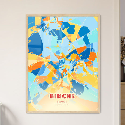 Colorful BINCHE BELGIUM Fine Art Map Blue Orange