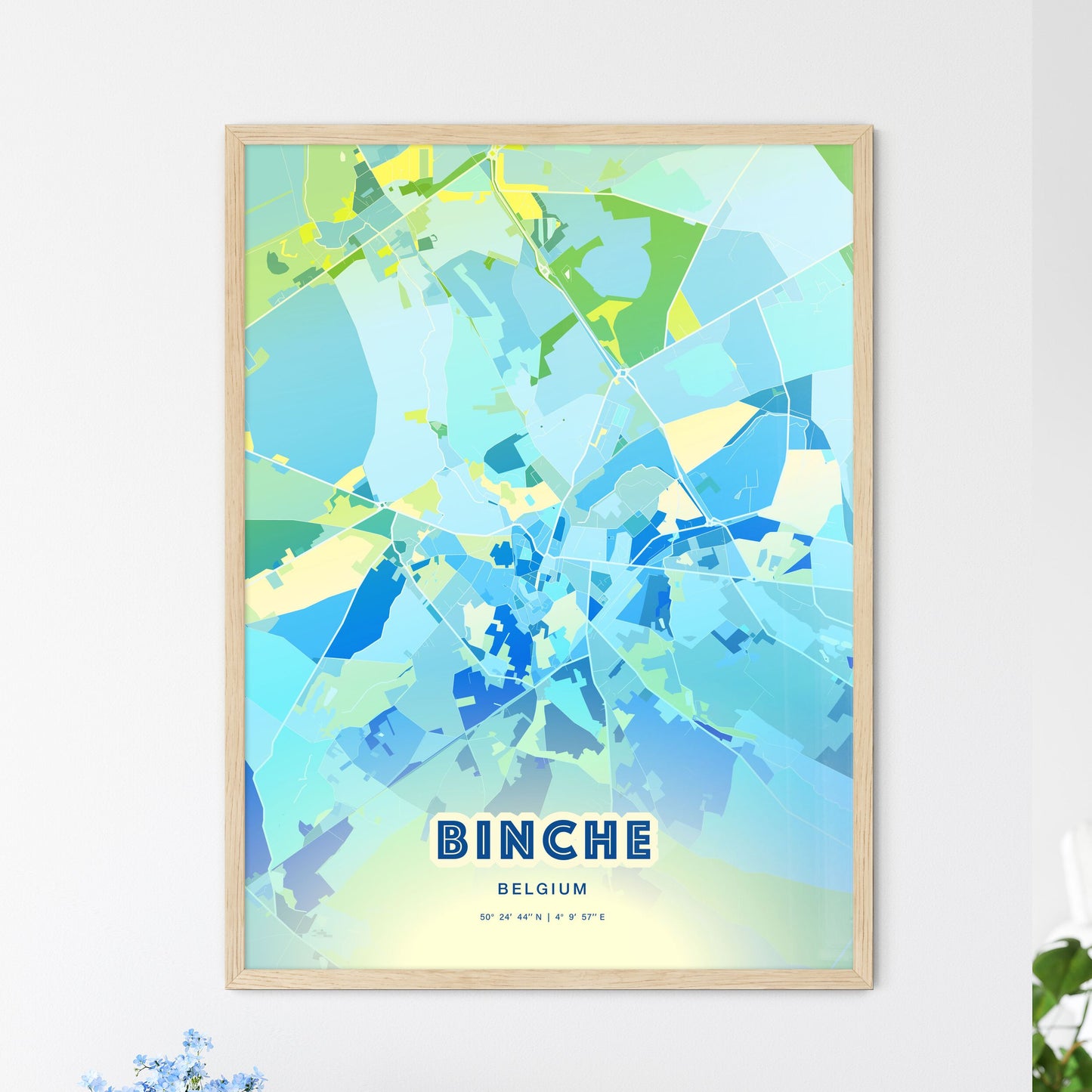 Colorful BINCHE BELGIUM Fine Art Map Cool Blue