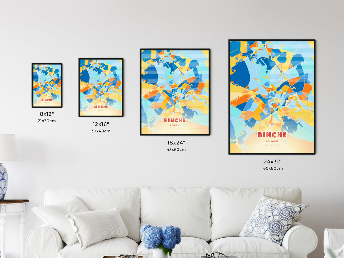 Colorful BINCHE BELGIUM Fine Art Map Blue Orange