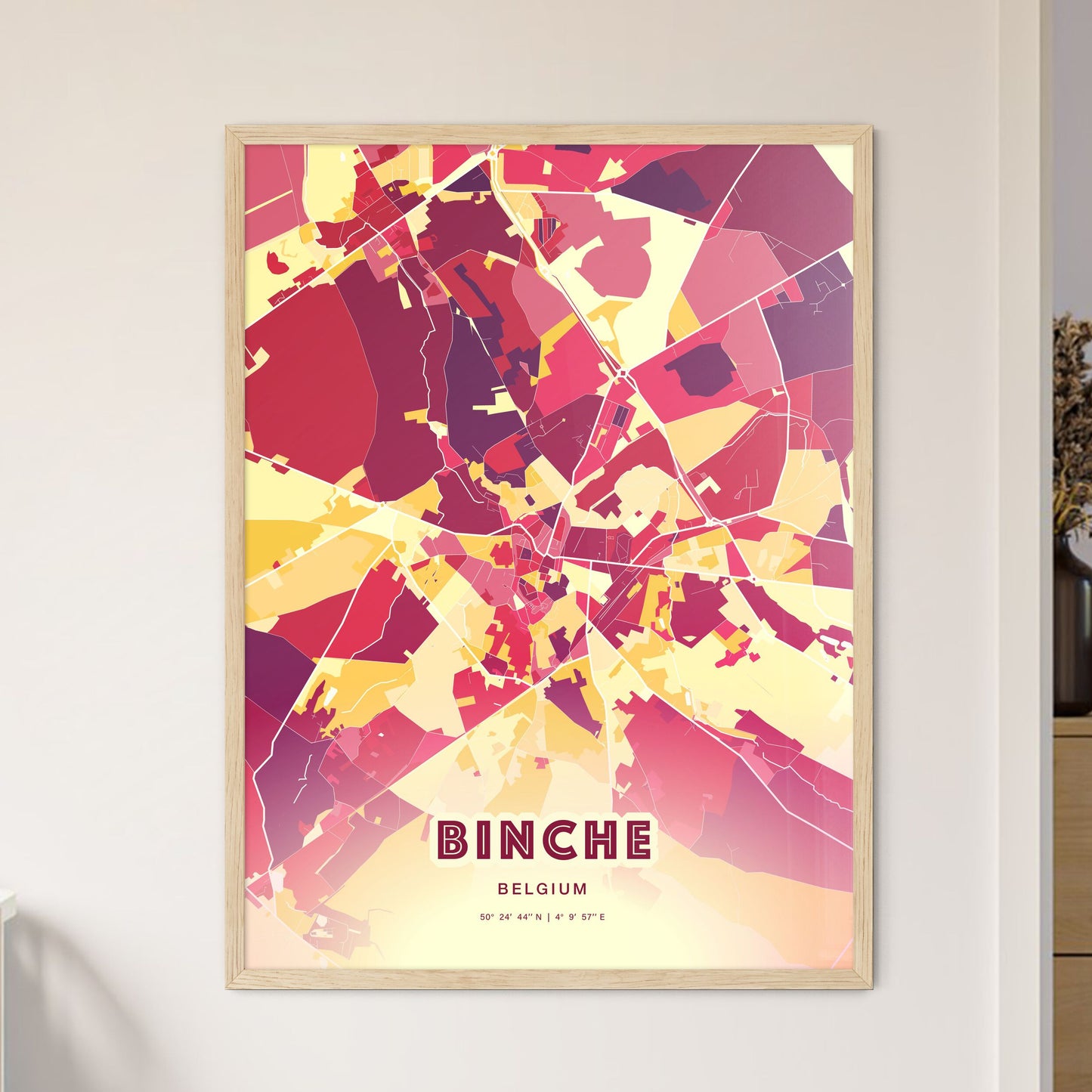 Colorful BINCHE BELGIUM Fine Art Map Hot Red