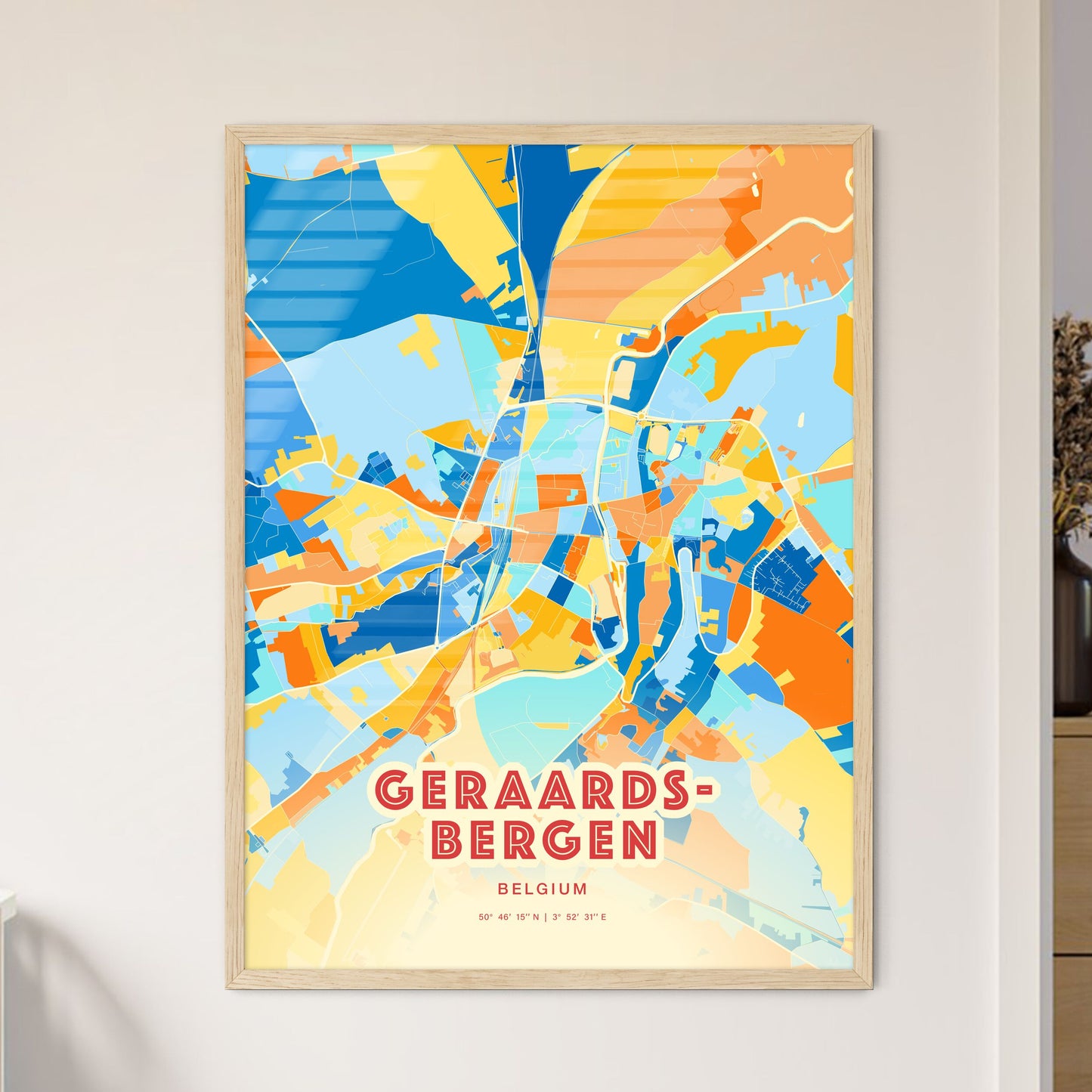 Colorful GERAARDSBERGEN BELGIUM Fine Art Map Blue Orange