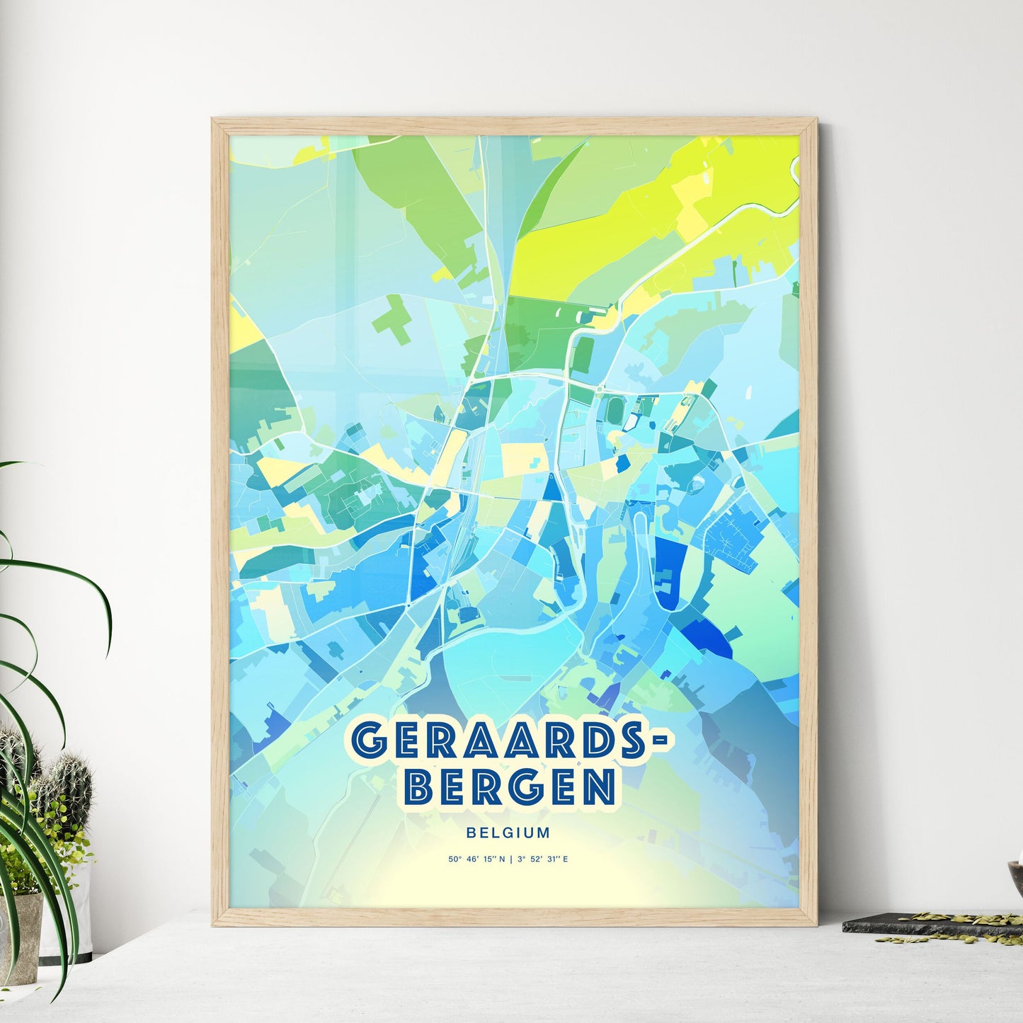 Colorful GERAARDSBERGEN BELGIUM Fine Art Map Cool Blue