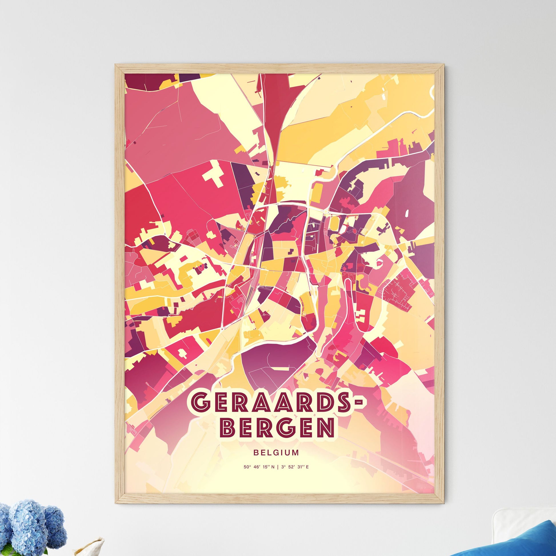 Colorful GERAARDSBERGEN BELGIUM Fine Art Map Hot Red