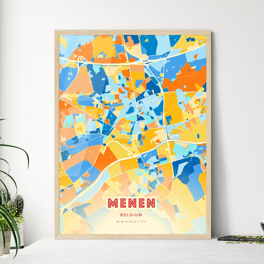 Colorful MENEN BELGIUM Fine Art Map Blue Orange