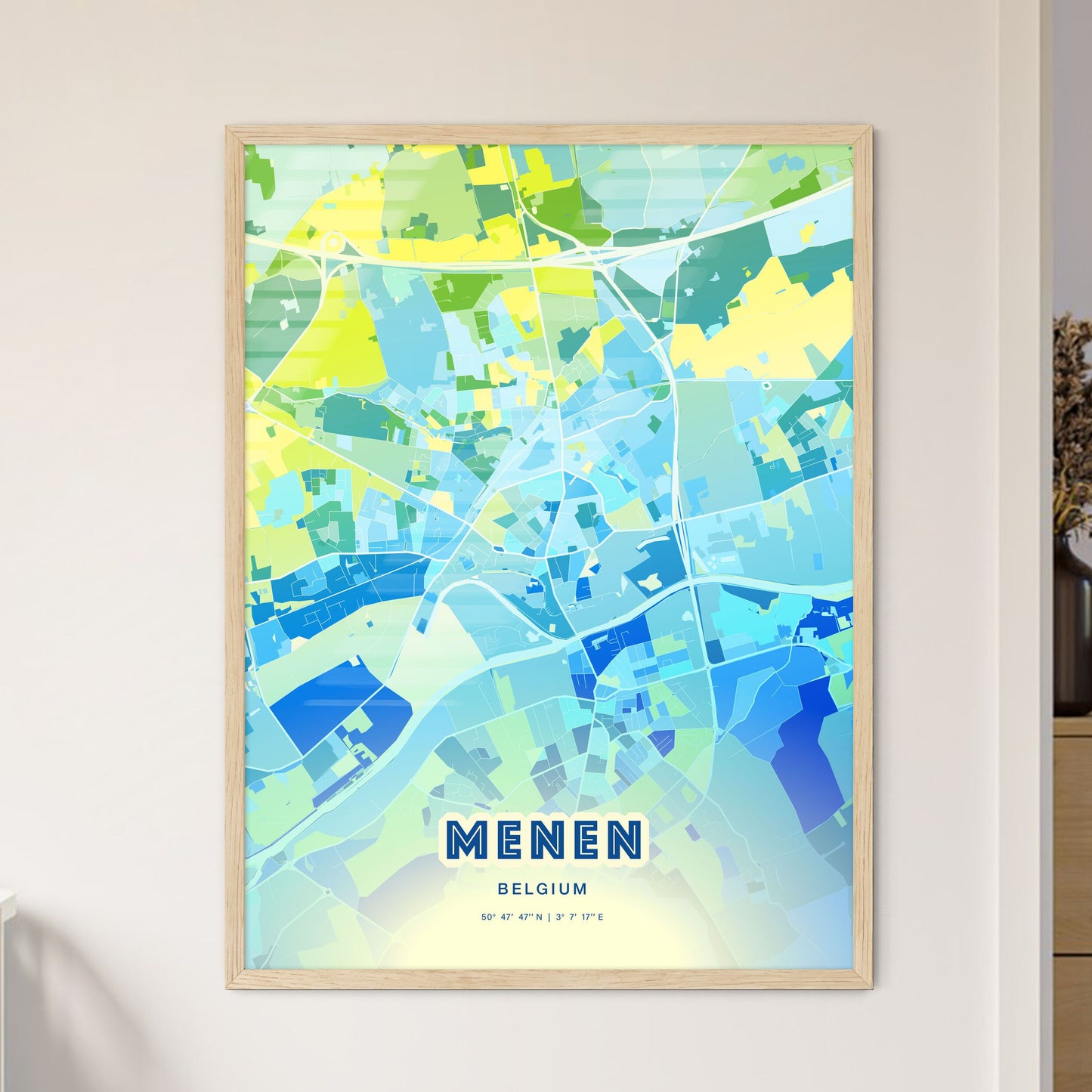 Colorful MENEN BELGIUM Fine Art Map Cool Blue