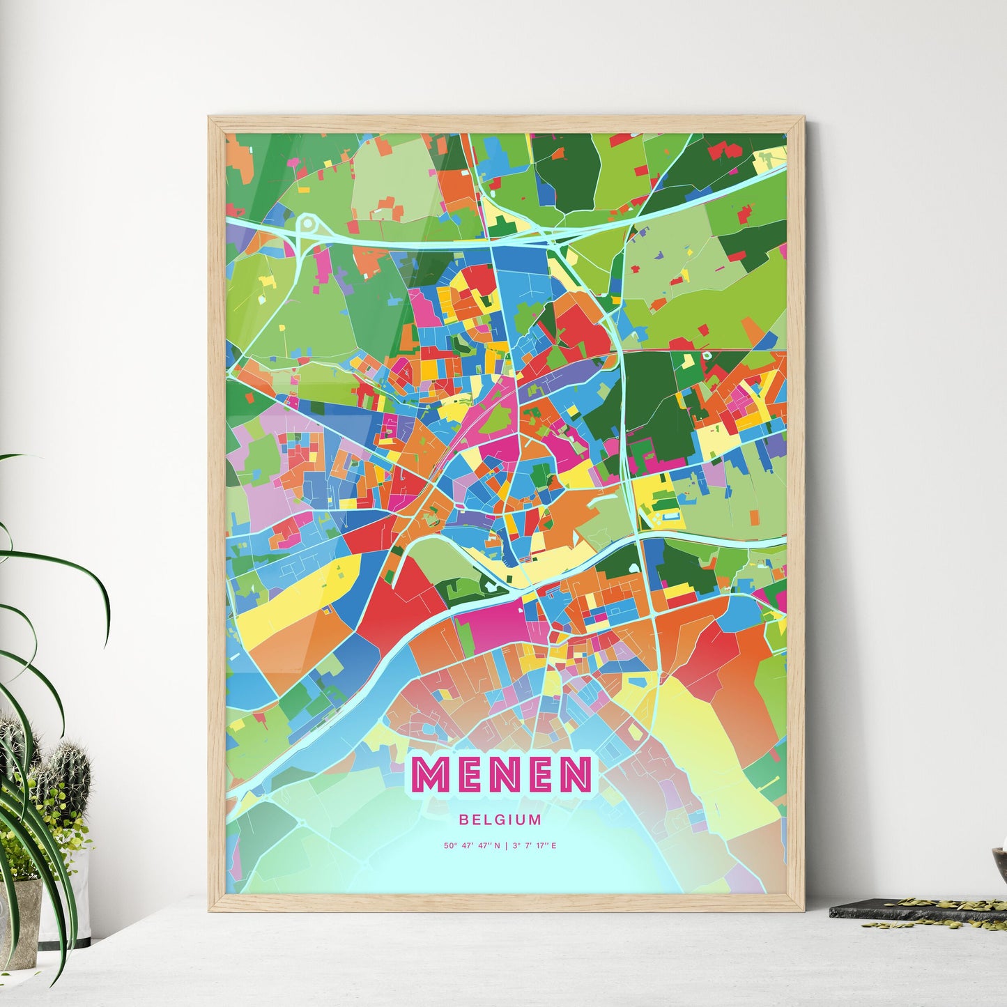 Colorful MENEN BELGIUM Fine Art Map Crazy Colors