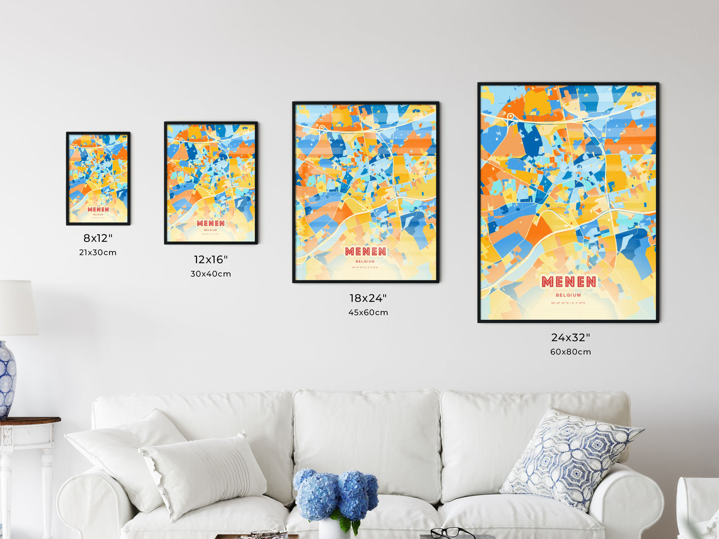 Colorful MENEN BELGIUM Fine Art Map Blue Orange