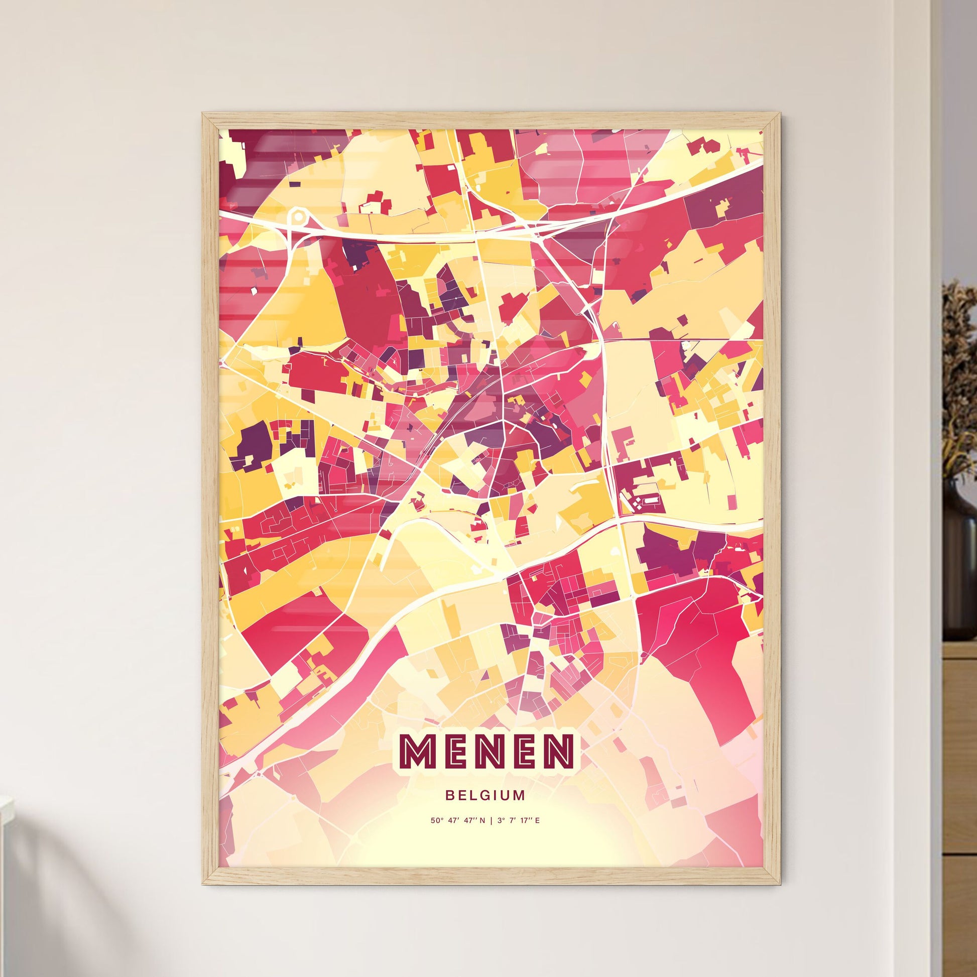 Colorful MENEN BELGIUM Fine Art Map Hot Red