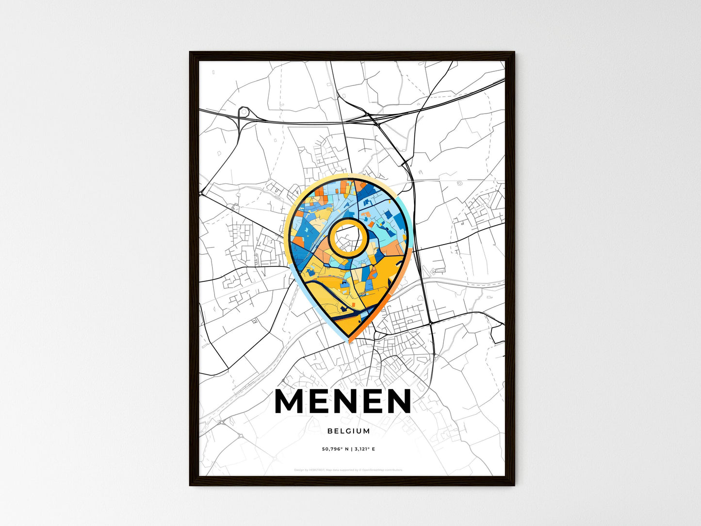 Menen Belgium wedding art map with pointer icon