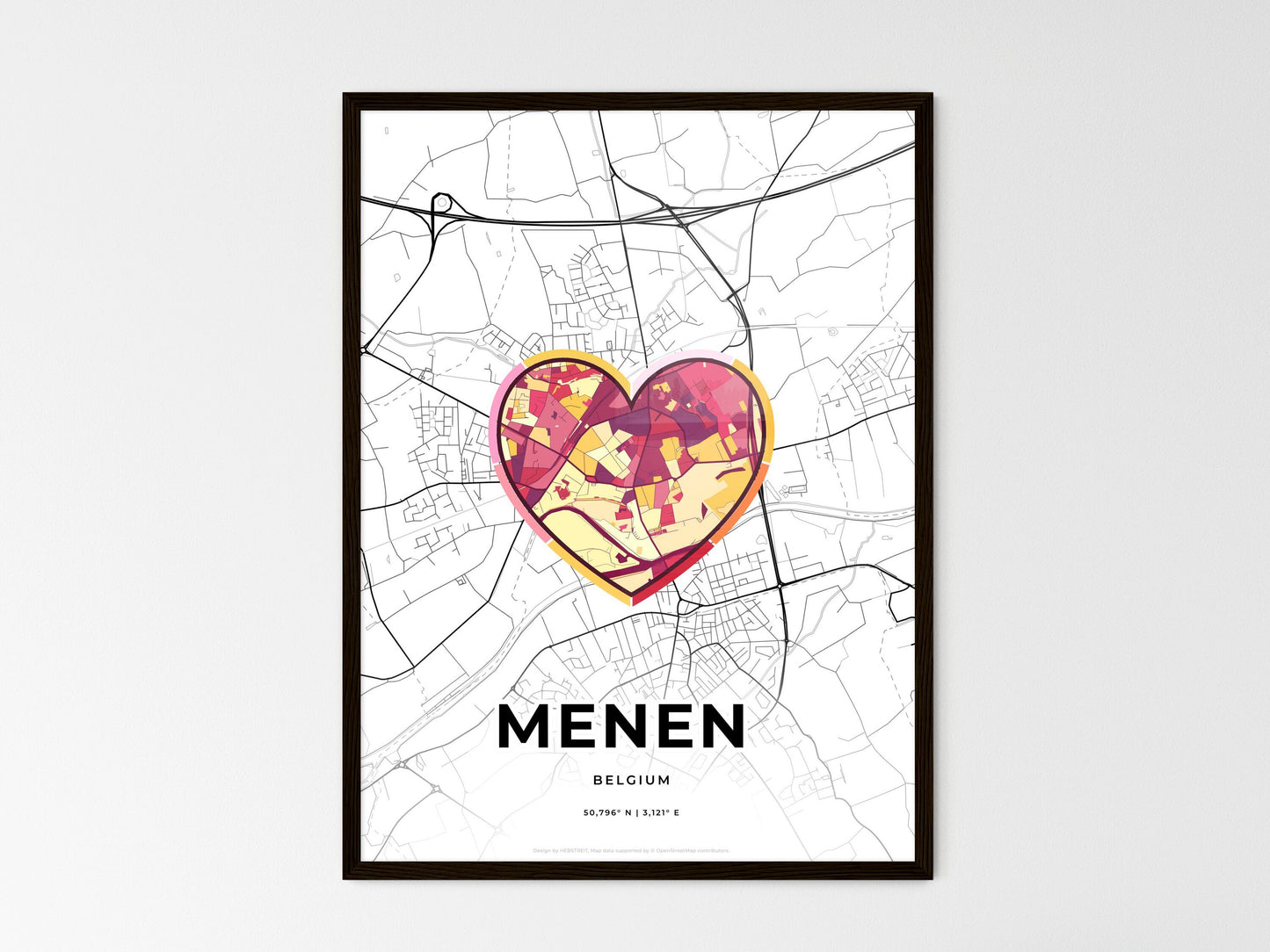 Menen Belgium wedding art map with heart icon