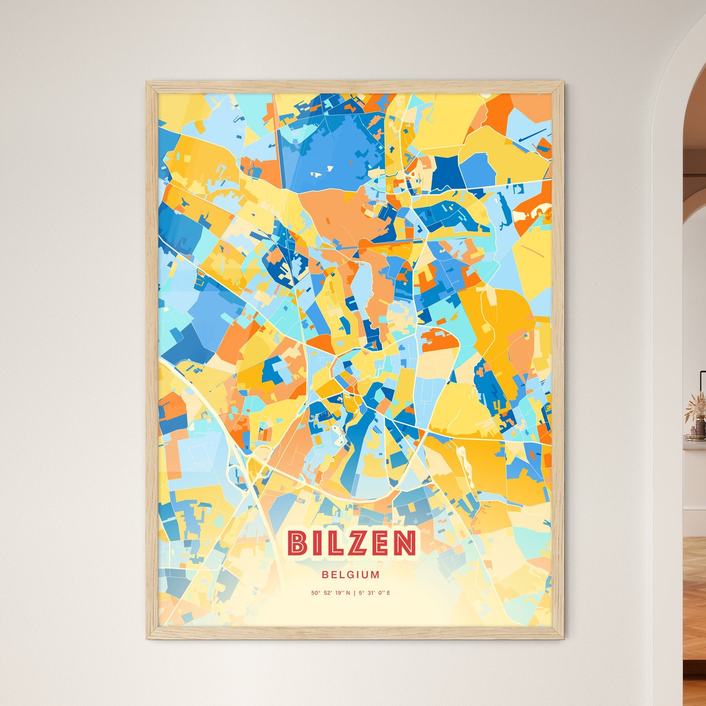 Colorful BILZEN BELGIUM Fine Art Map Blue Orange