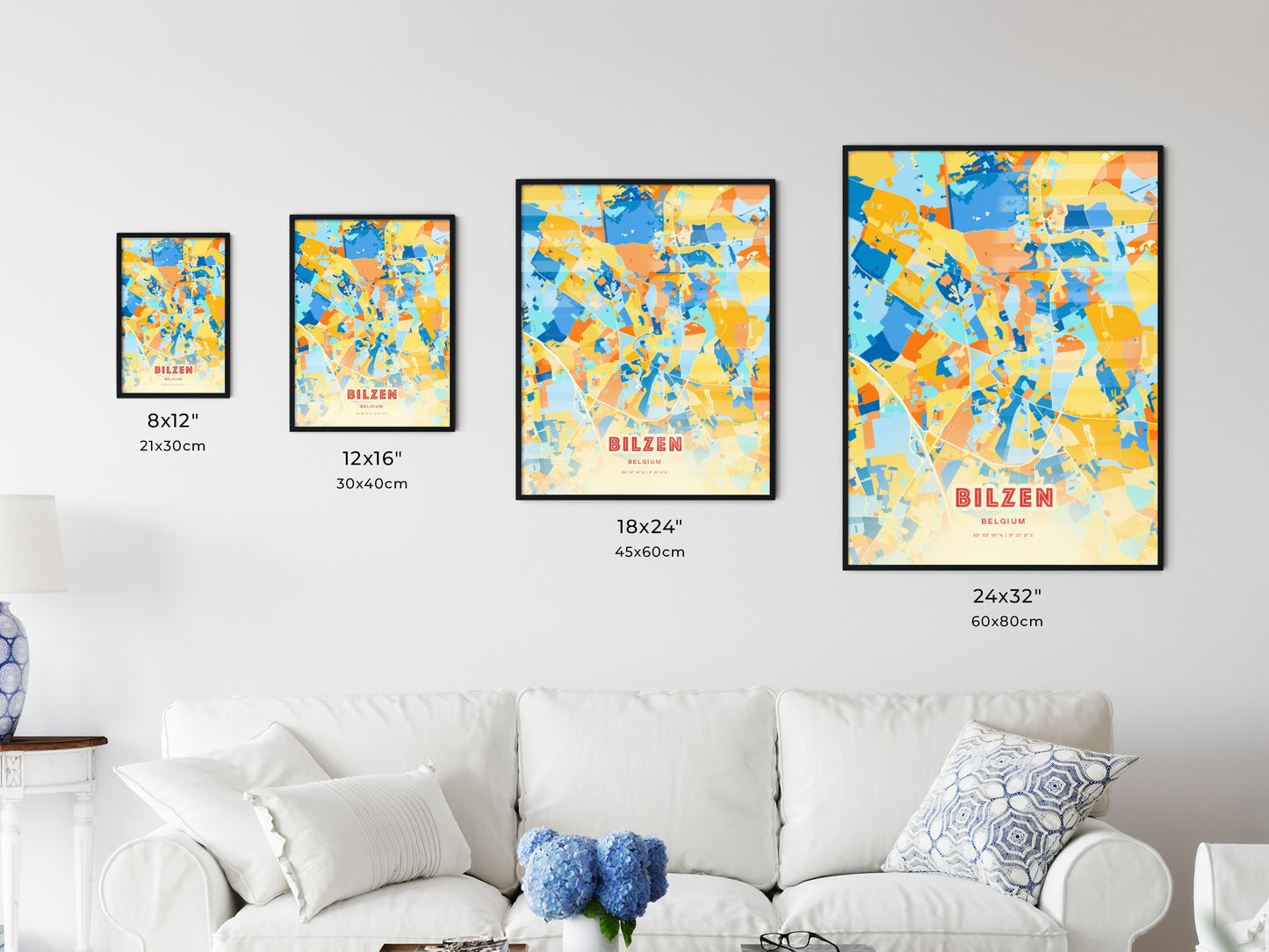 Colorful BILZEN BELGIUM Fine Art Map Blue Orange