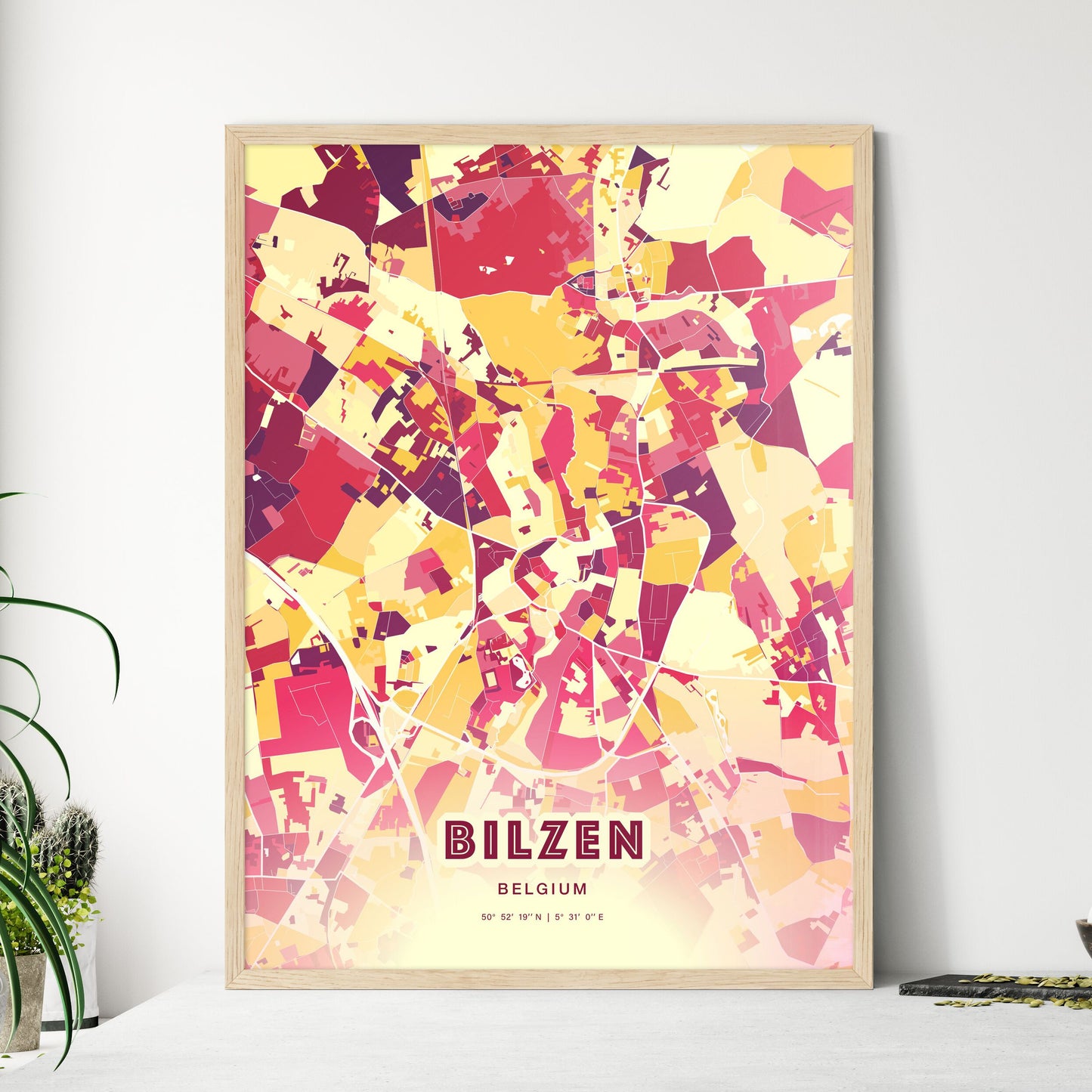 Colorful BILZEN BELGIUM Fine Art Map Hot Red