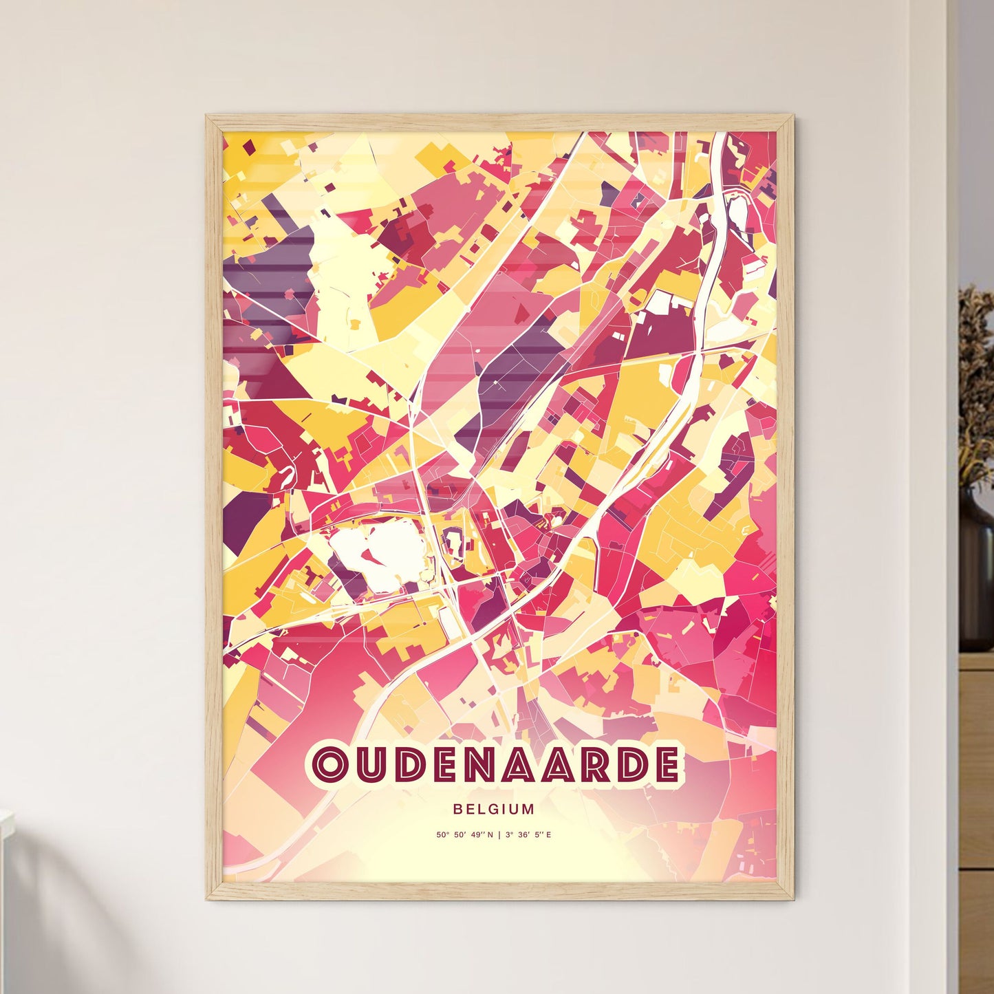 Colorful OUDENAARDE BELGIUM Fine Art Map Hot Red