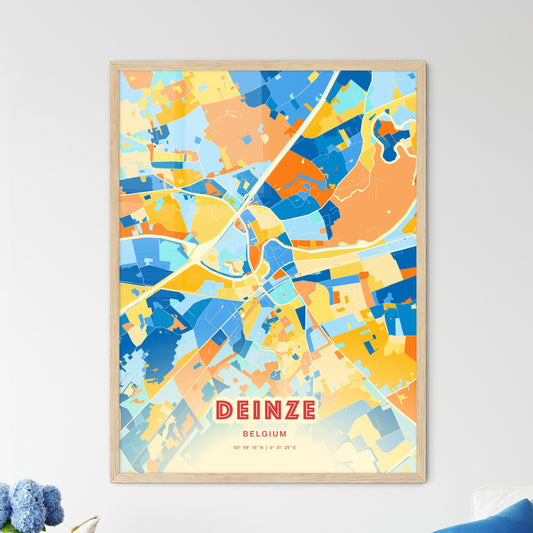 Colorful DEINZE BELGIUM Fine Art Map Blue Orange