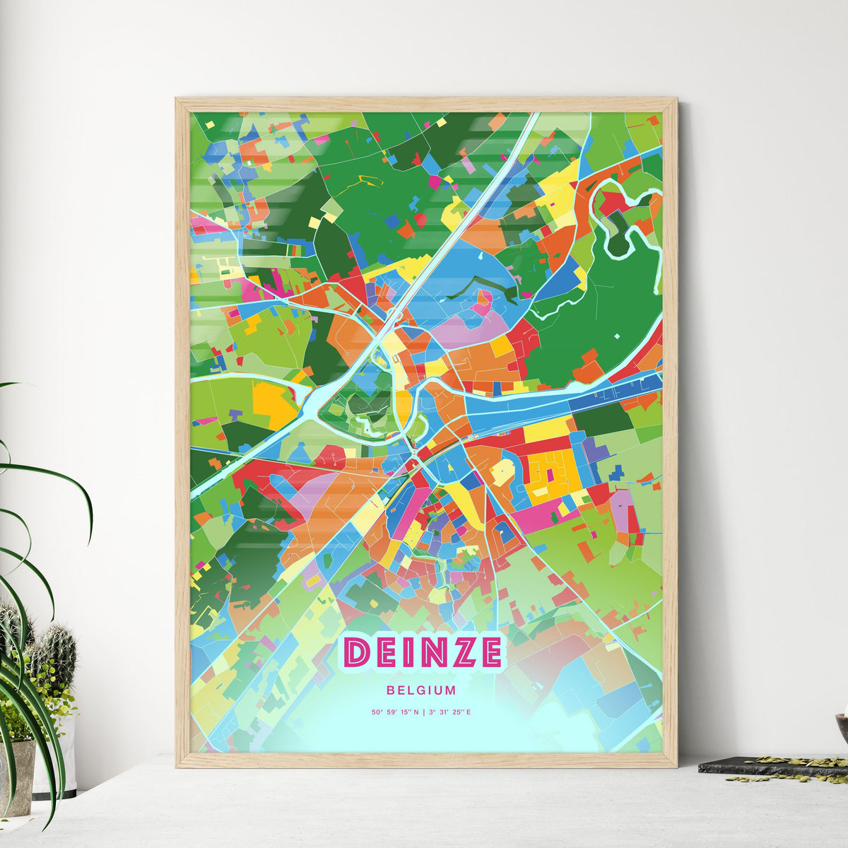 Colorful DEINZE BELGIUM Fine Art Map Crazy Colors