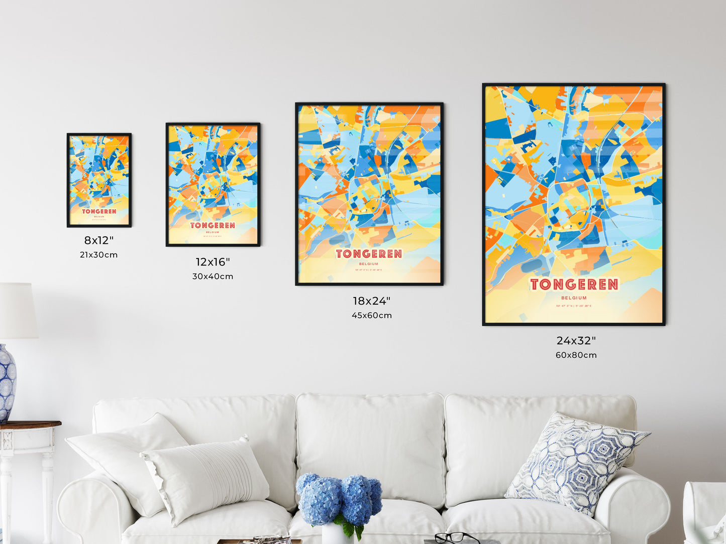 Colorful TONGEREN BELGIUM Fine Art Map Blue Orange