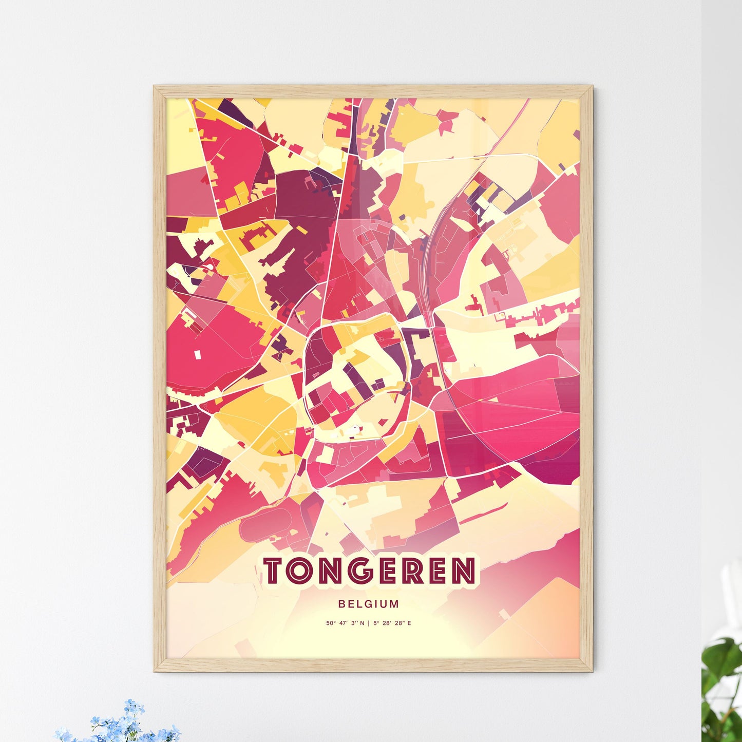 Colorful TONGEREN BELGIUM Fine Art Map Hot Red