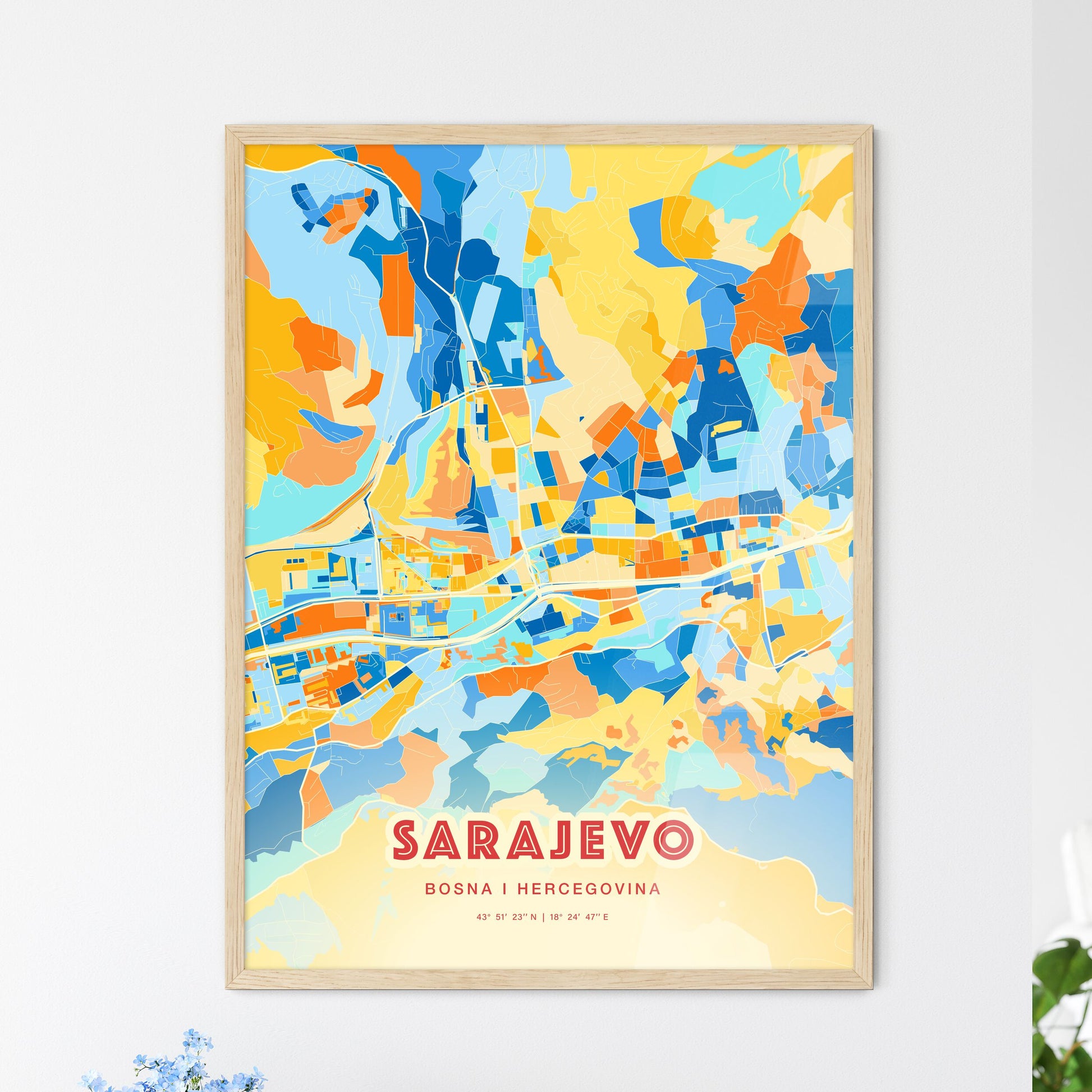 Colorful SARAJEVO BOSNIA AND HERZEGOVINA Fine Art Map Blue Orange