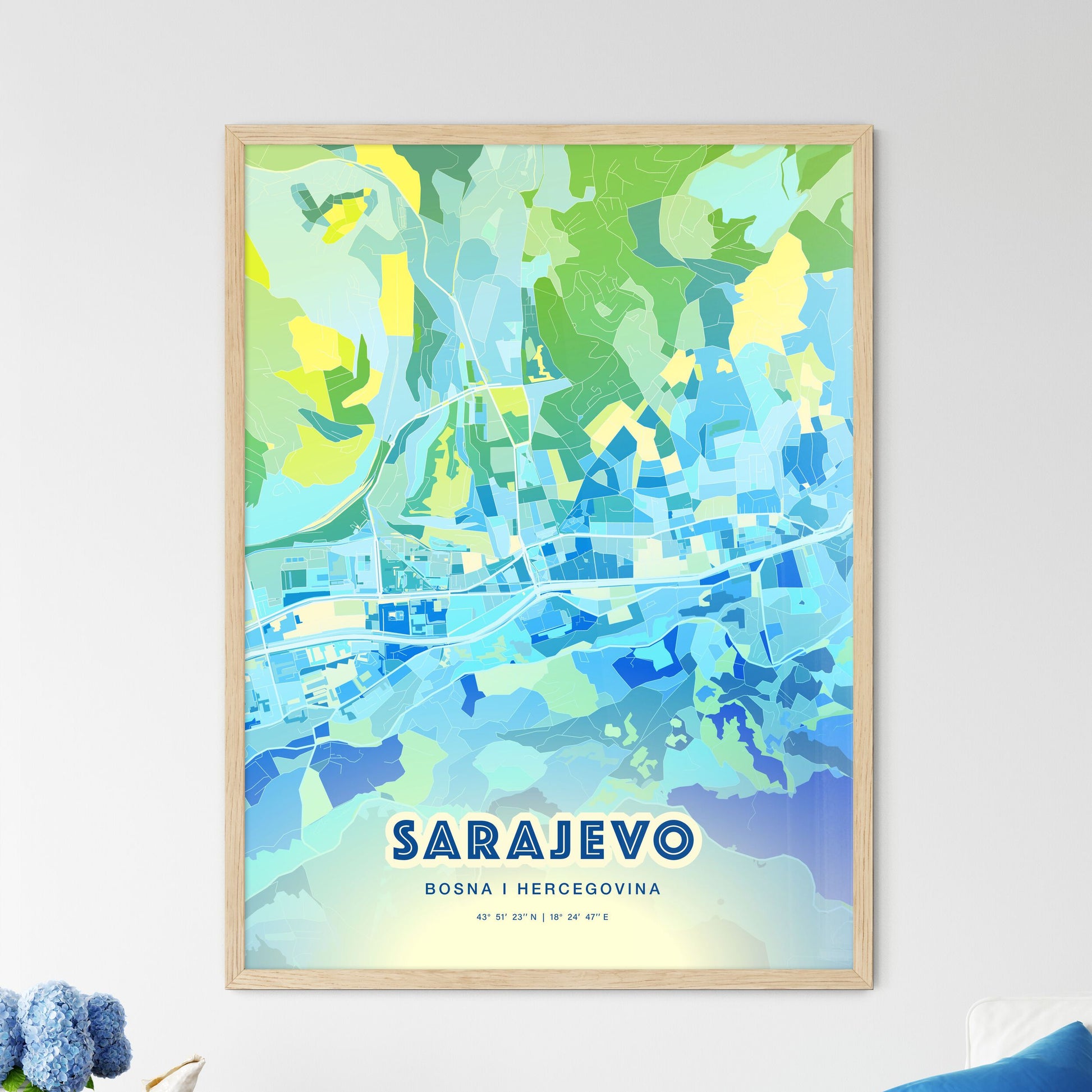 Colorful SARAJEVO BOSNIA AND HERZEGOVINA Fine Art Map Cool Blue