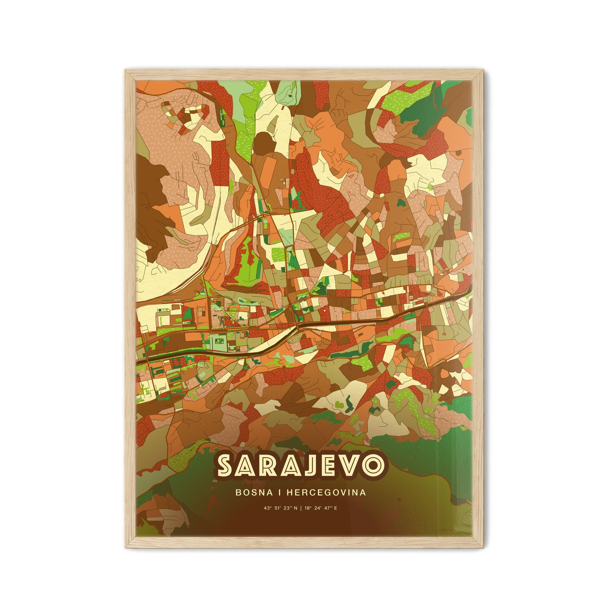 Colorful SARAJEVO BOSNIA AND HERZEGOVINA Fine Art Map Farmhouse